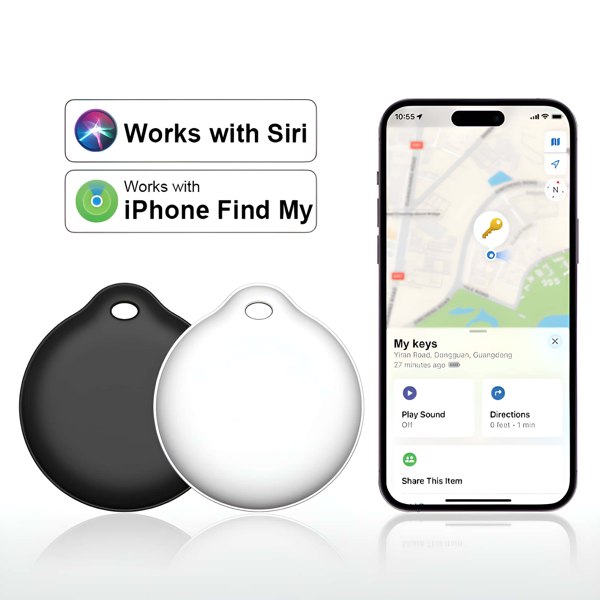 Weiße und schwarze Schlüsselfinder mit Telefon- und Kartendarstellung. Text: Funktioniert mit Siri.