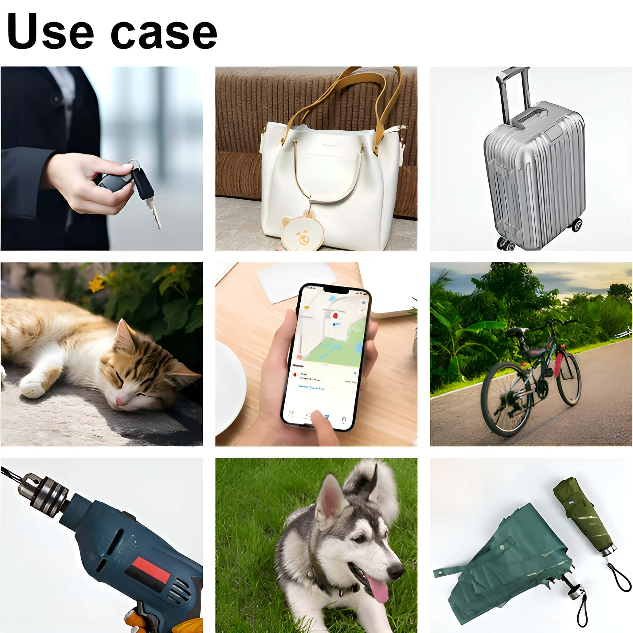 Collage von Artikeln im Gebrauch: Autoschlüssel, Handtasche, Koffer, Katze, Telefon, Fahrrad, Bohrer, Hund.