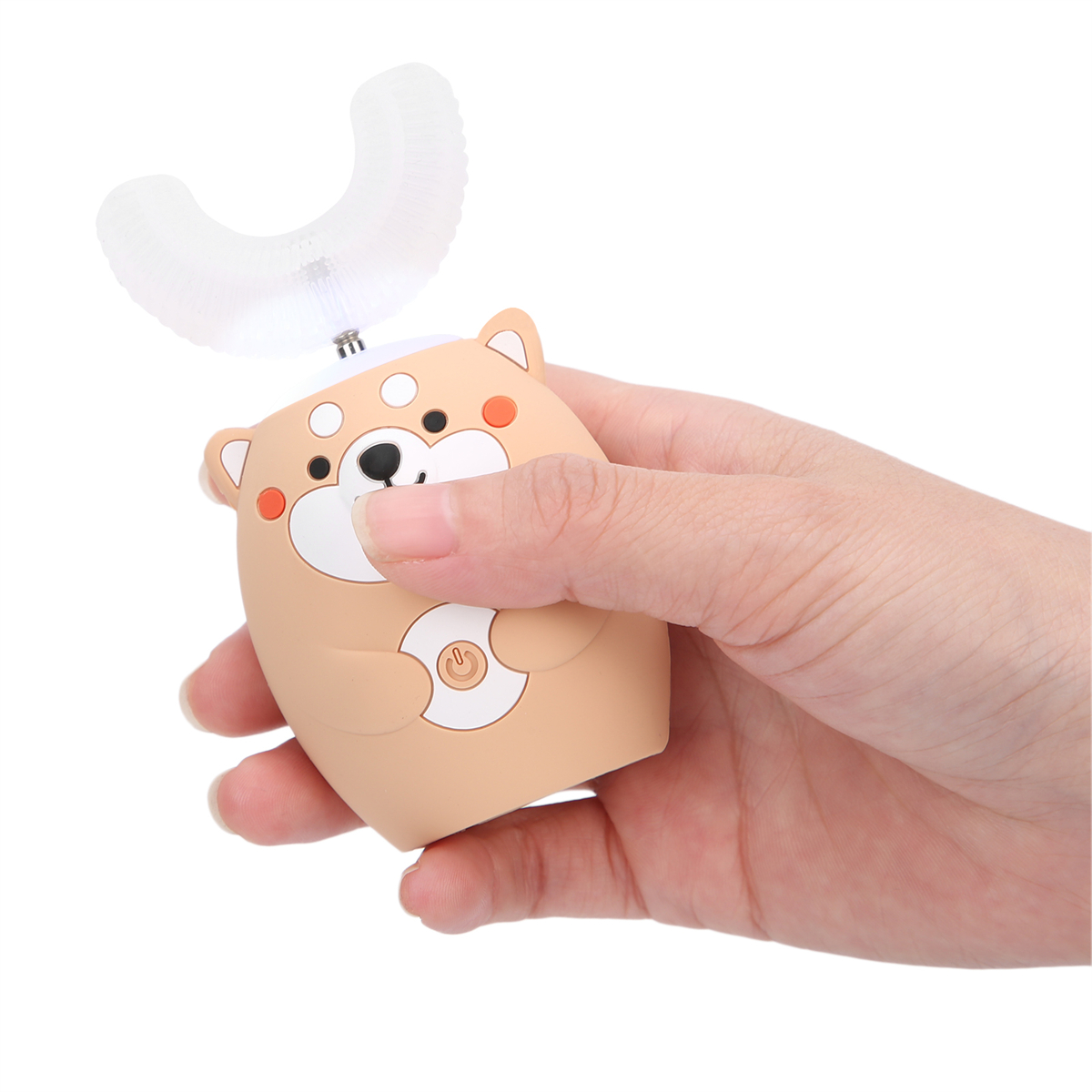 Niedliche elektrische Zahnbürste im Cartoon-Stil für Kinder, in einer Hand.