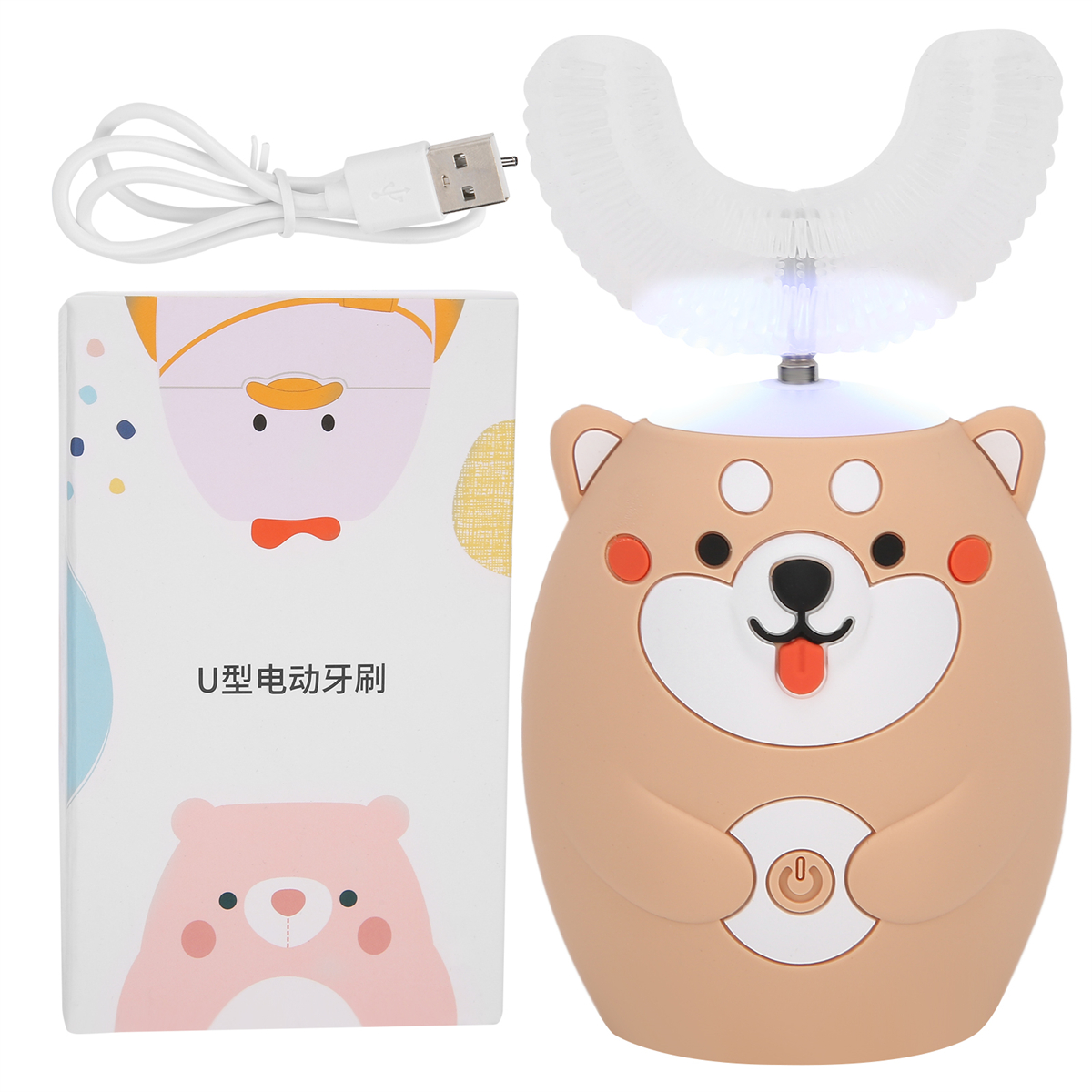 Eine elektrische Zahnbürste für Kinder in Form eines Zeichentrickhundes, ein Ladekabel und eine Box.