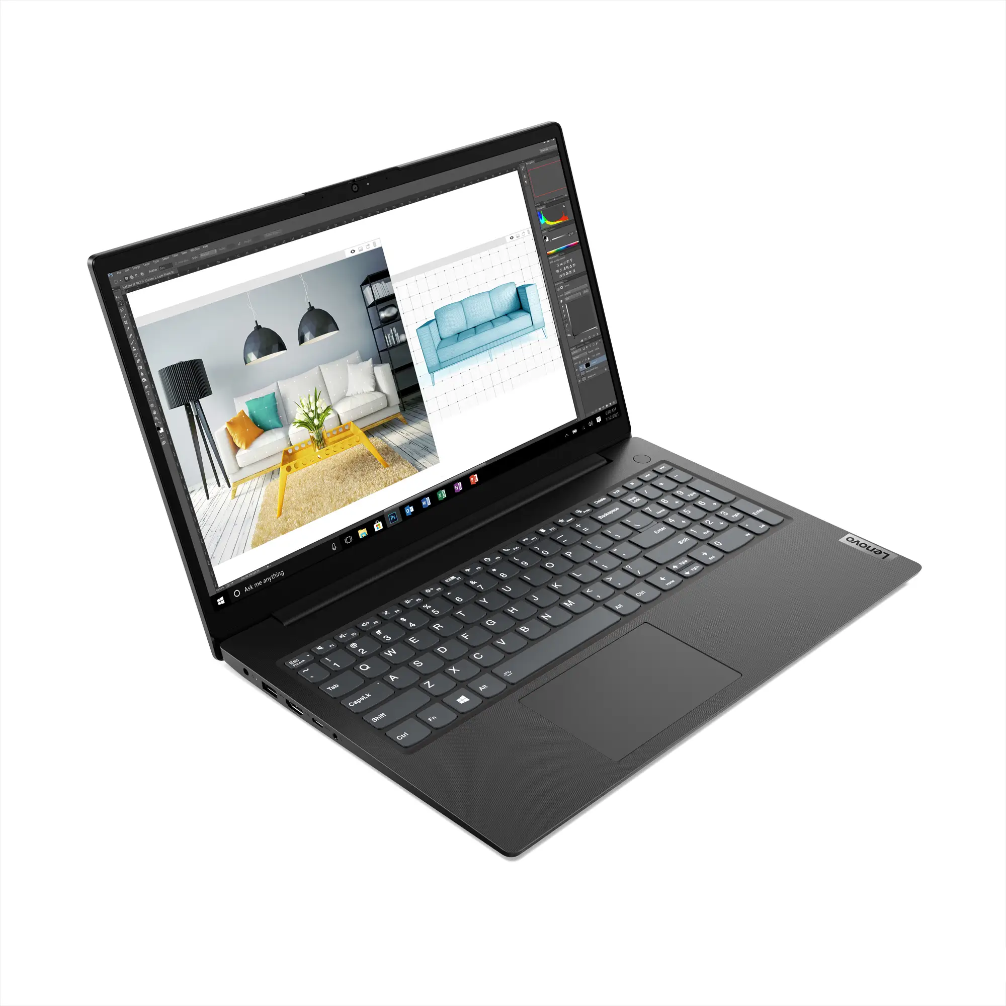 Laptop, der ein Rauminnendesign-Projekt auf seinem Bildschirm zeigt. Der Laptop ist geöffnet.