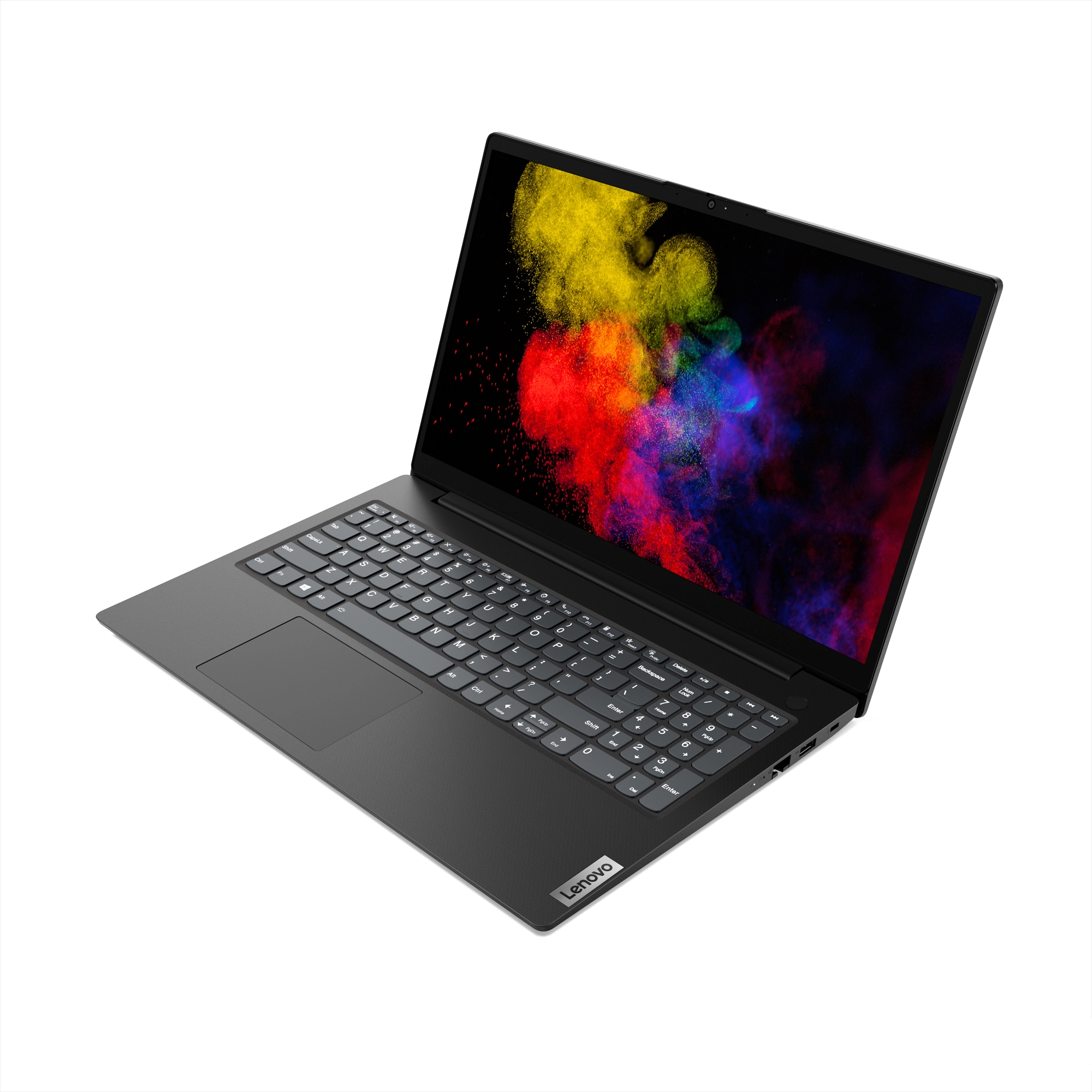 Schwarzer Lenovo Laptop auf weißem Hintergrund, der Bildschirm hat bunte abstrakte Kunst.