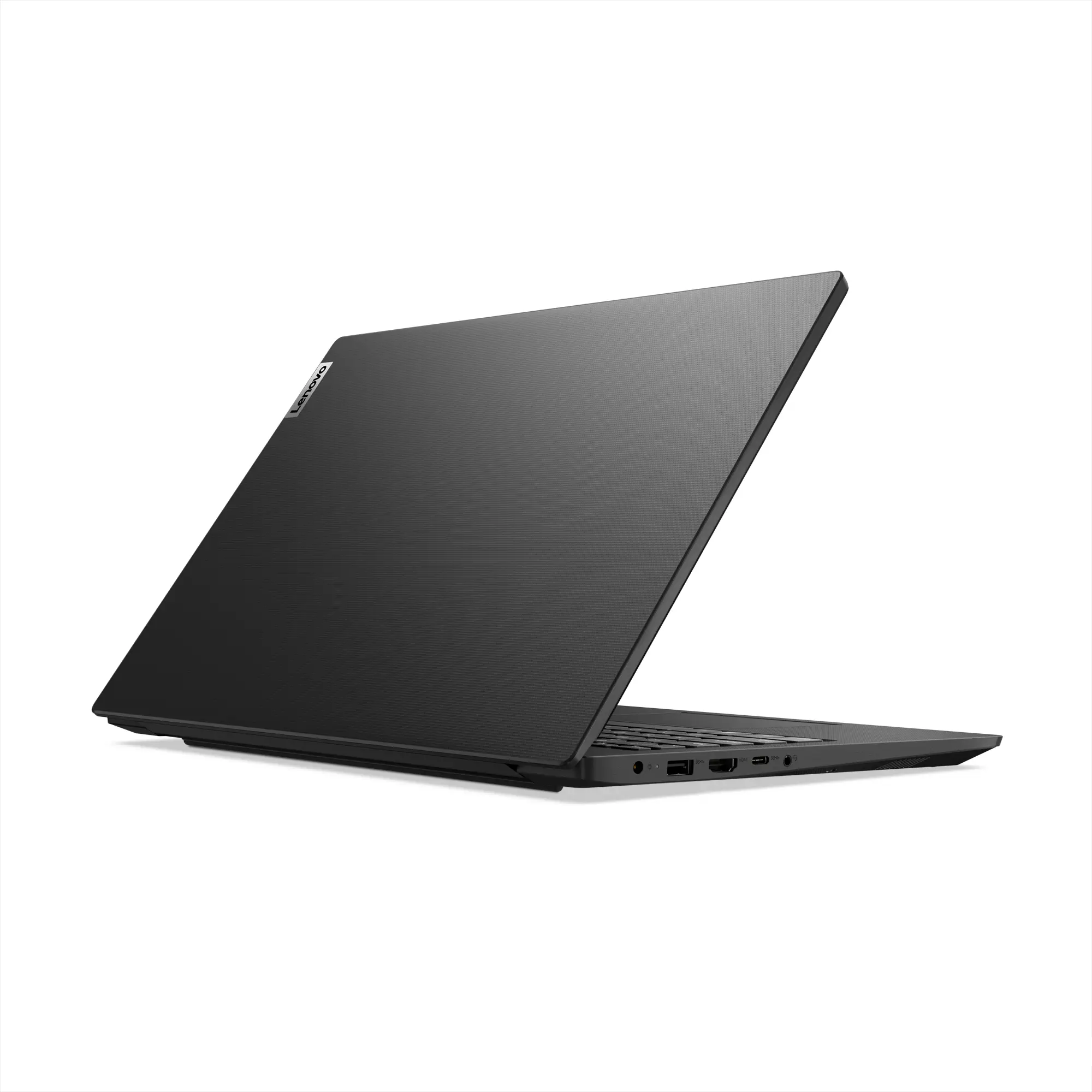 Schwarzer Laptop von hinten, abgewinkelte Ansicht, mit strukturierter Oberfläche.