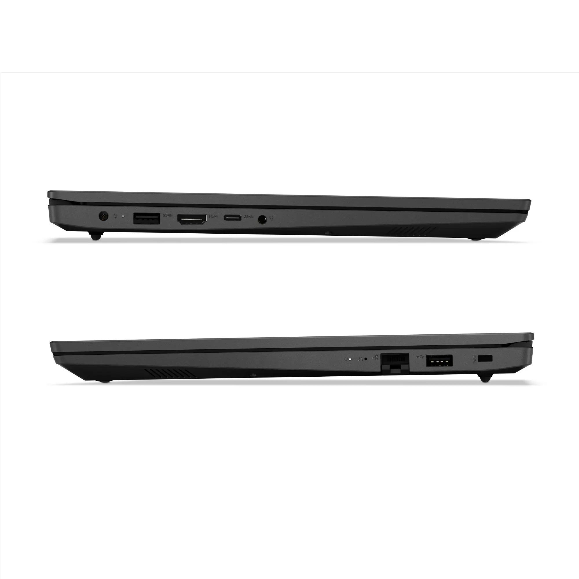 Zwei schwarze Laptops nebeneinander, die Seitenansicht mit sichtbaren Anschlüssen zeigend.
