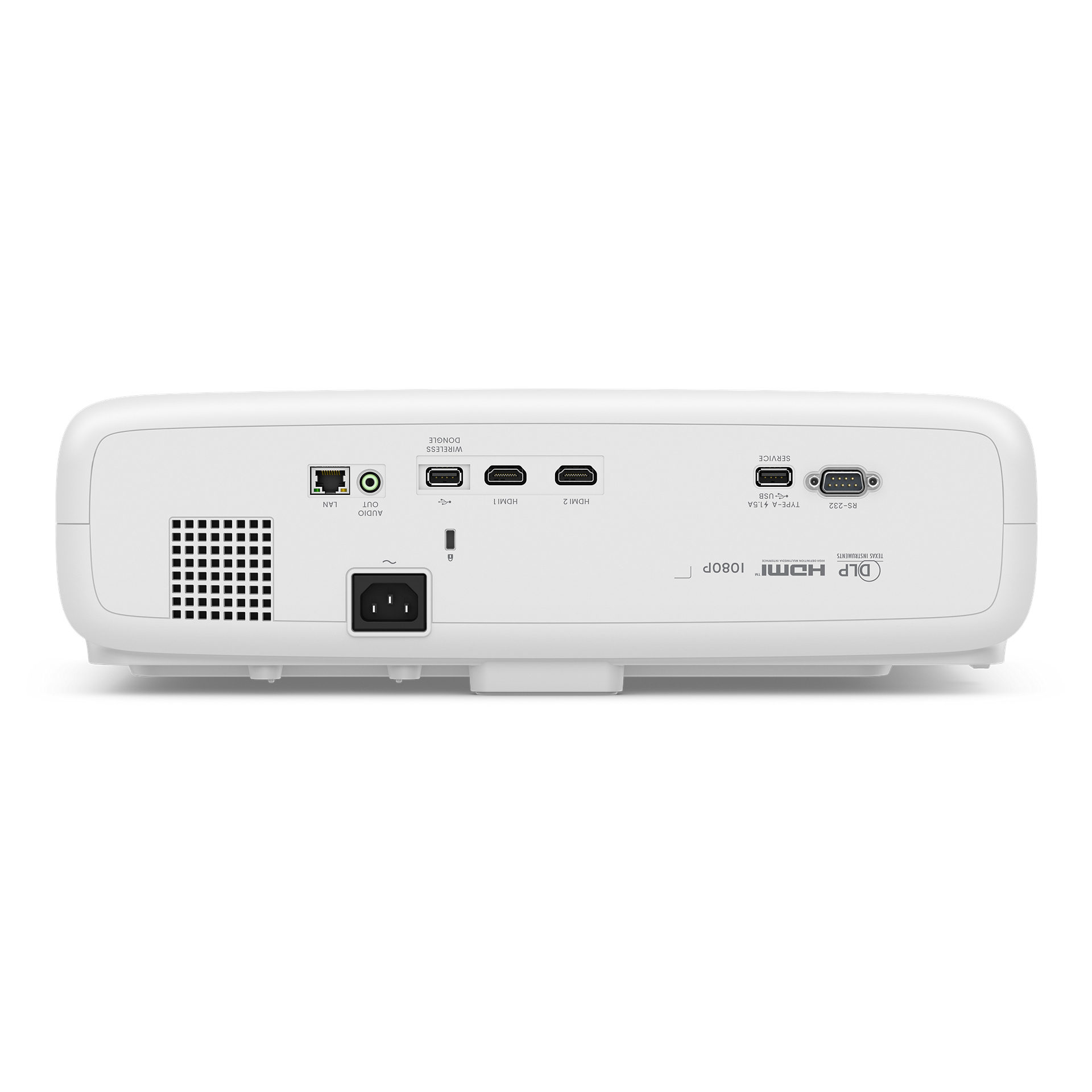 Pannello posteriore bianco del proiettore con varie porte. Include HDMI, USB e prese di ingresso di alimentazione.
