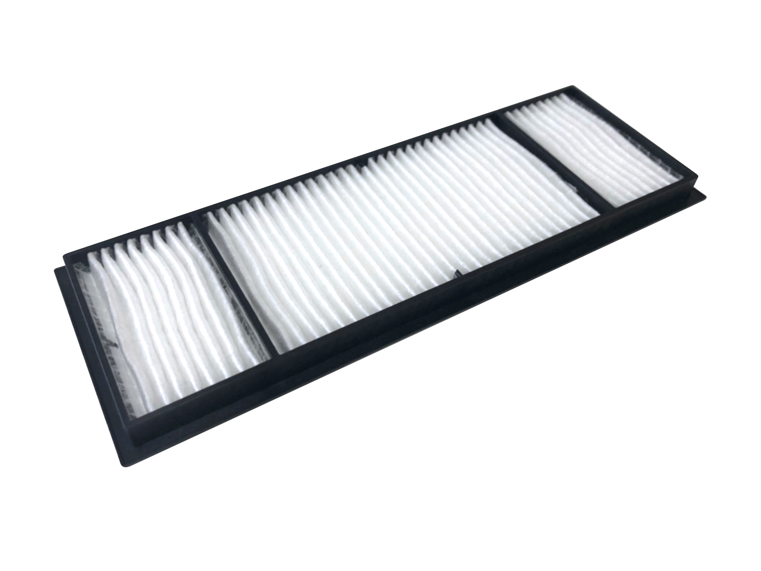 Un filtro dell'aria con materiale filtrante bianco pieghettato in una cornice nera.