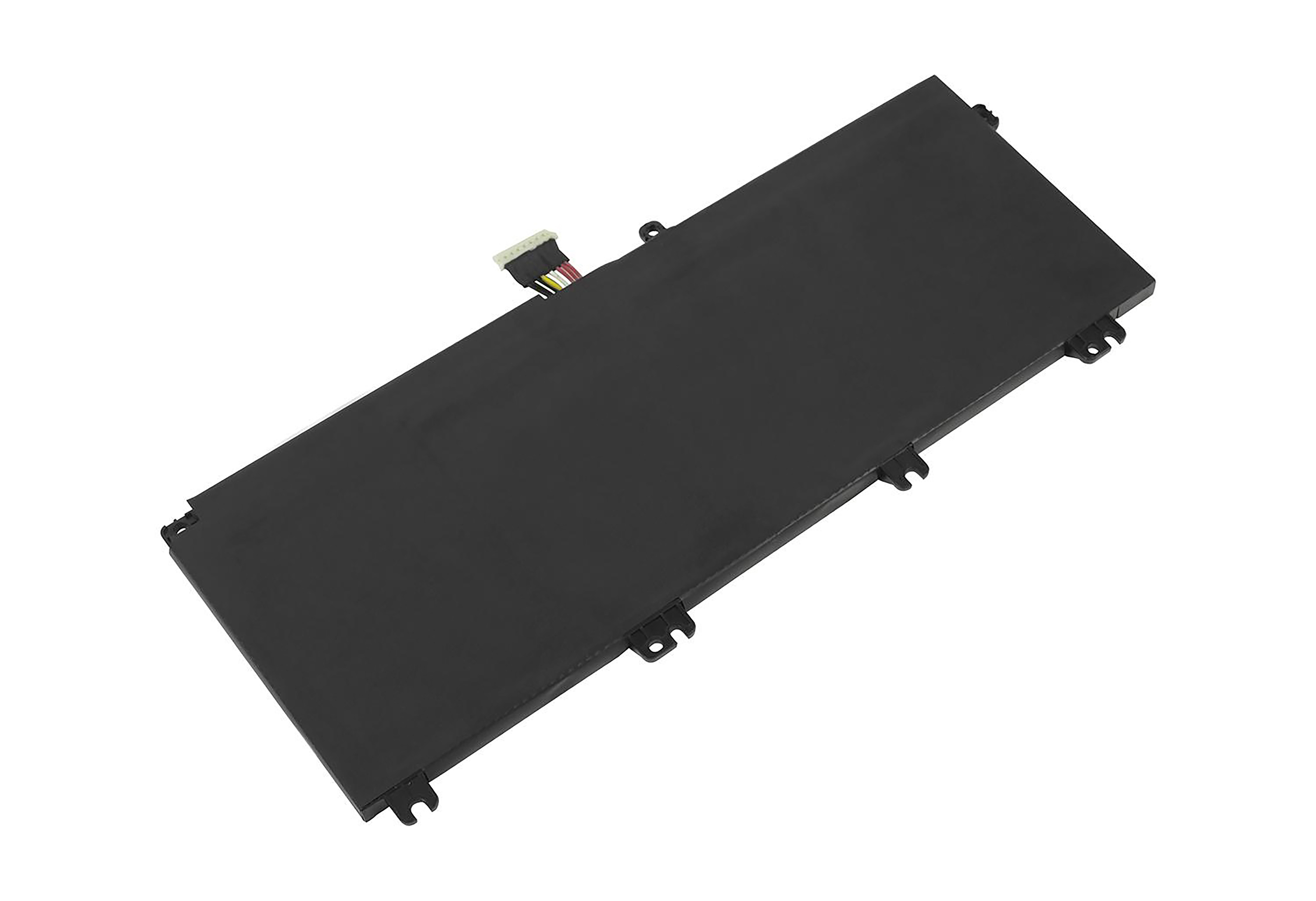 Schwarzer rechteckiger Laptop-Akku mit Stecker.