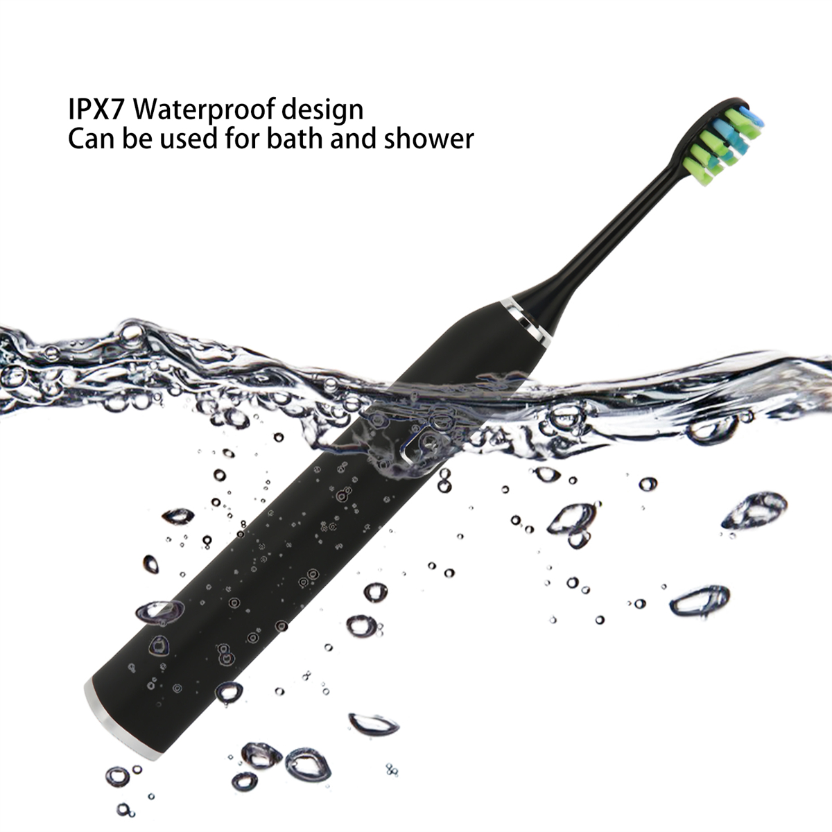 Schwarze elektrische Zahnbürste unter Wasser, mit Blasen. Das Bild zeigt das Produktdetail.