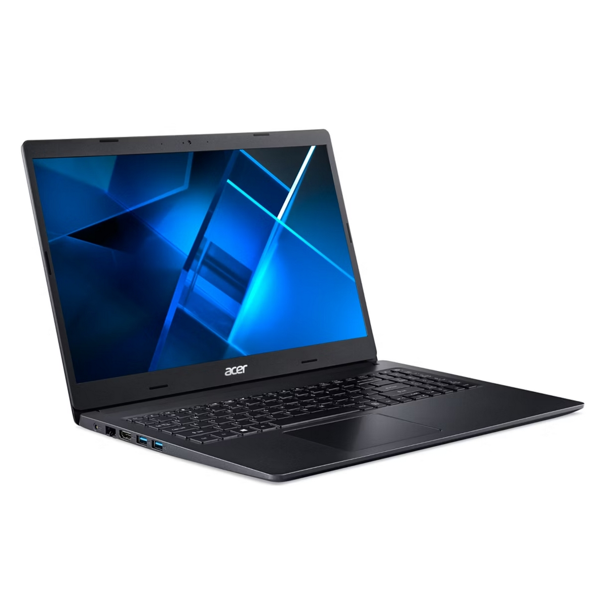Laptop nero, aperto ad angolo. Schermo mostra design astratto blu e blu navy. Tastiera visibile.