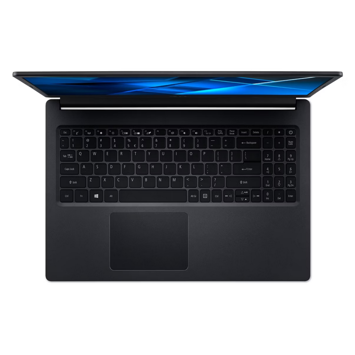 Laptop nero con schermo aperto, vista dall'alto, tastiera e touchpad visibili.