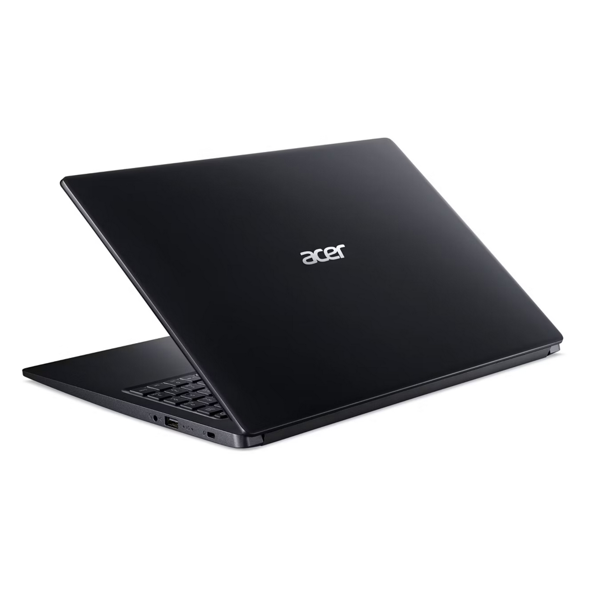 Laptop Acer nero, parzialmente aperto. Logo Acer argentato visibile. Sfondo bianco.