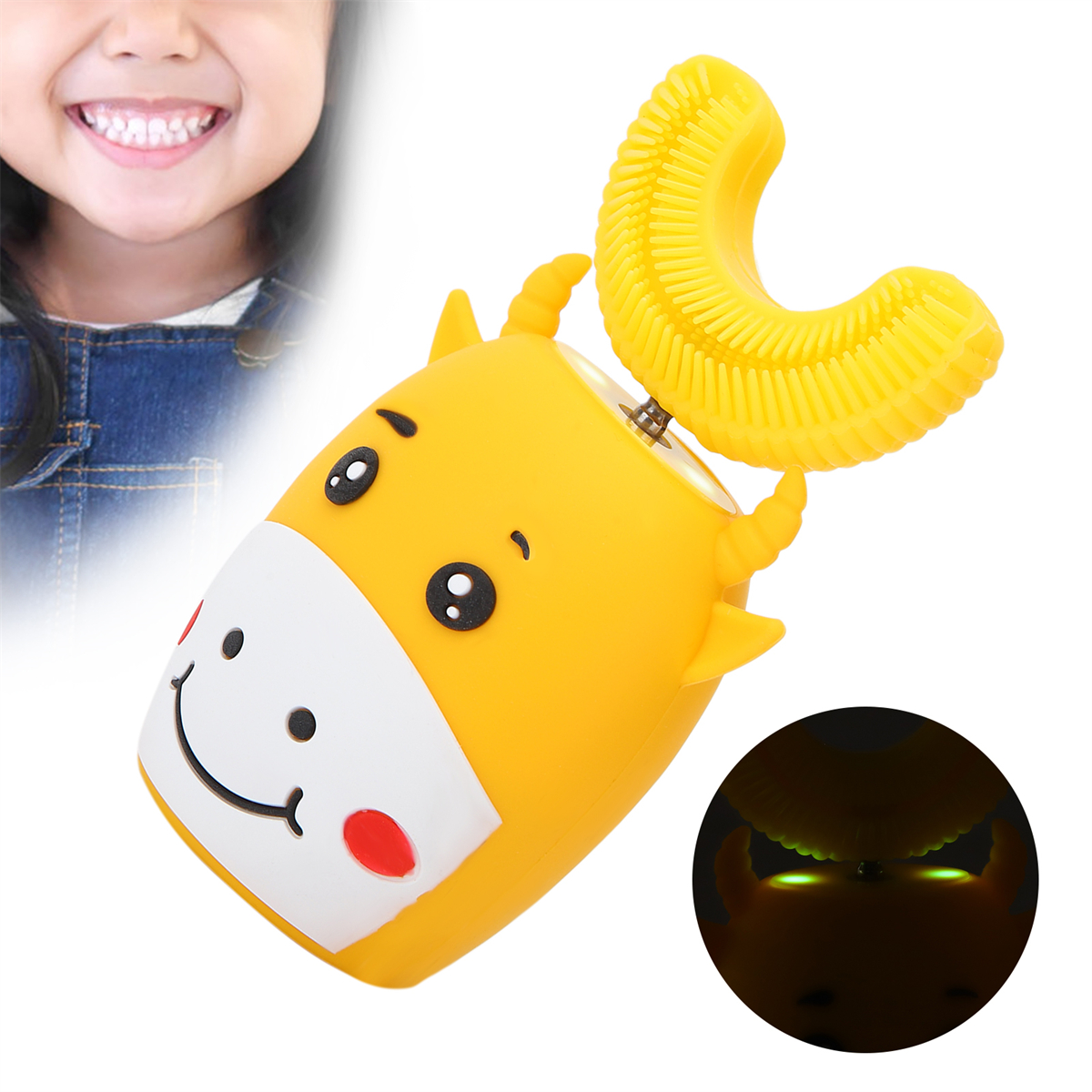 Gelbe, kuhförmige Zahnbürste. Die Bürste hat die Form eines U und ein Kinderlächeln im Bild.