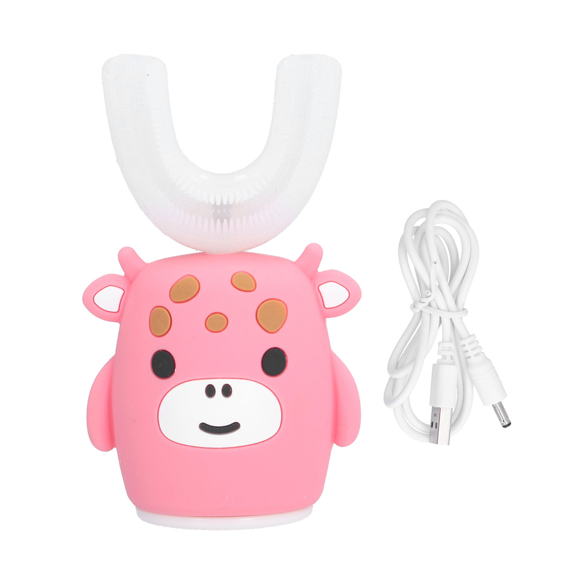 Eine rosa, kuhförmige Zahnbürste mit einem U-förmigen Bürstenkopf und einem weißen Ladekabel.