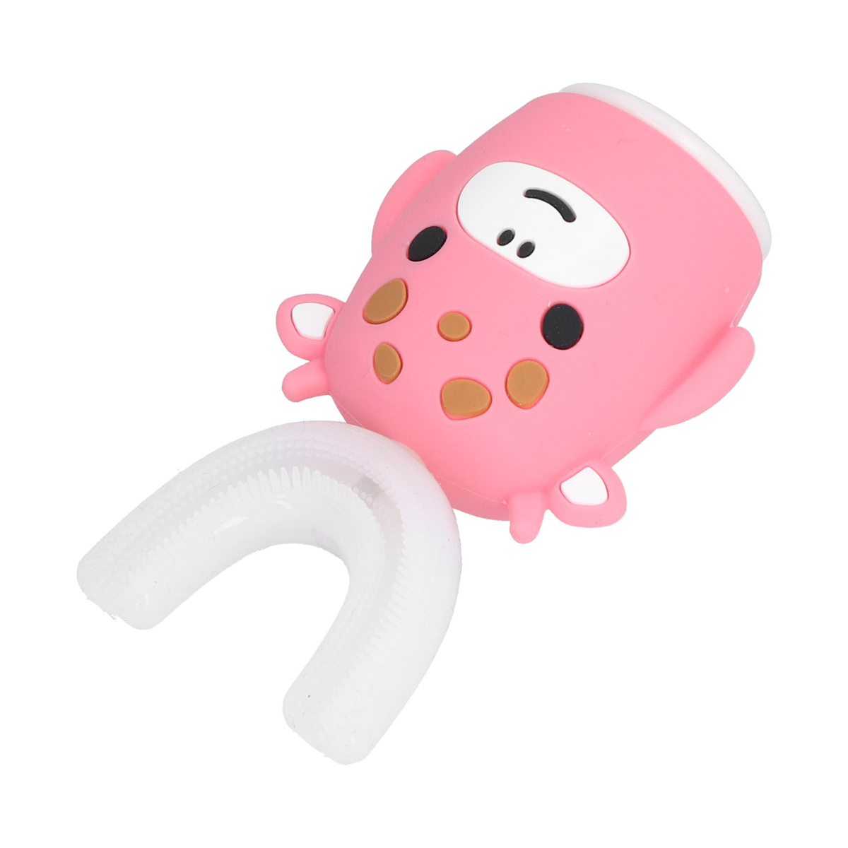 Eine rosa U-förmige Zahnbürste mit einem Cartoon-Gesicht obenauf, vor weißem Hintergrund.