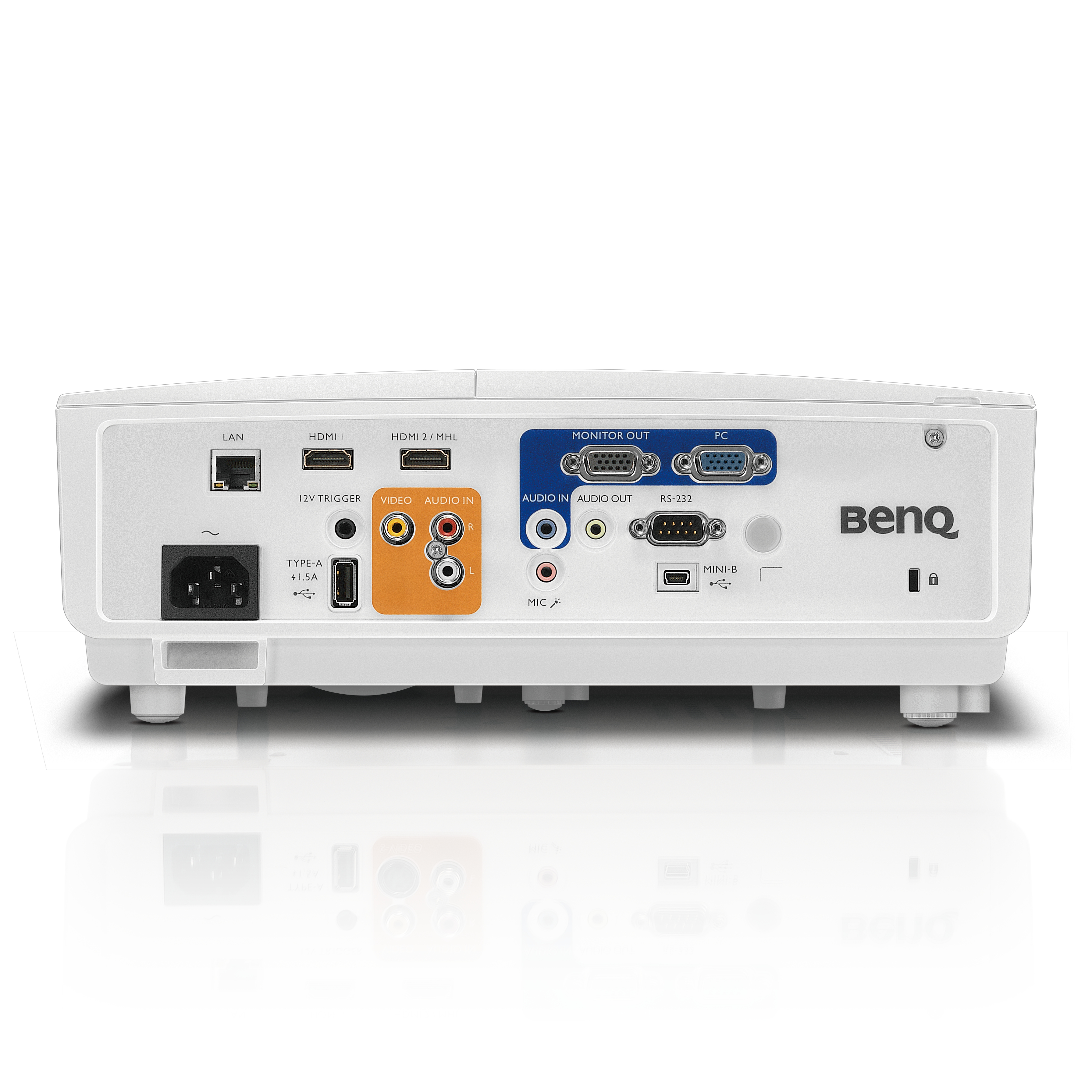 Retroproiettore bianco con porte: LAN, HDMI, audio, video e alimentazione. Include il logo BenQ.