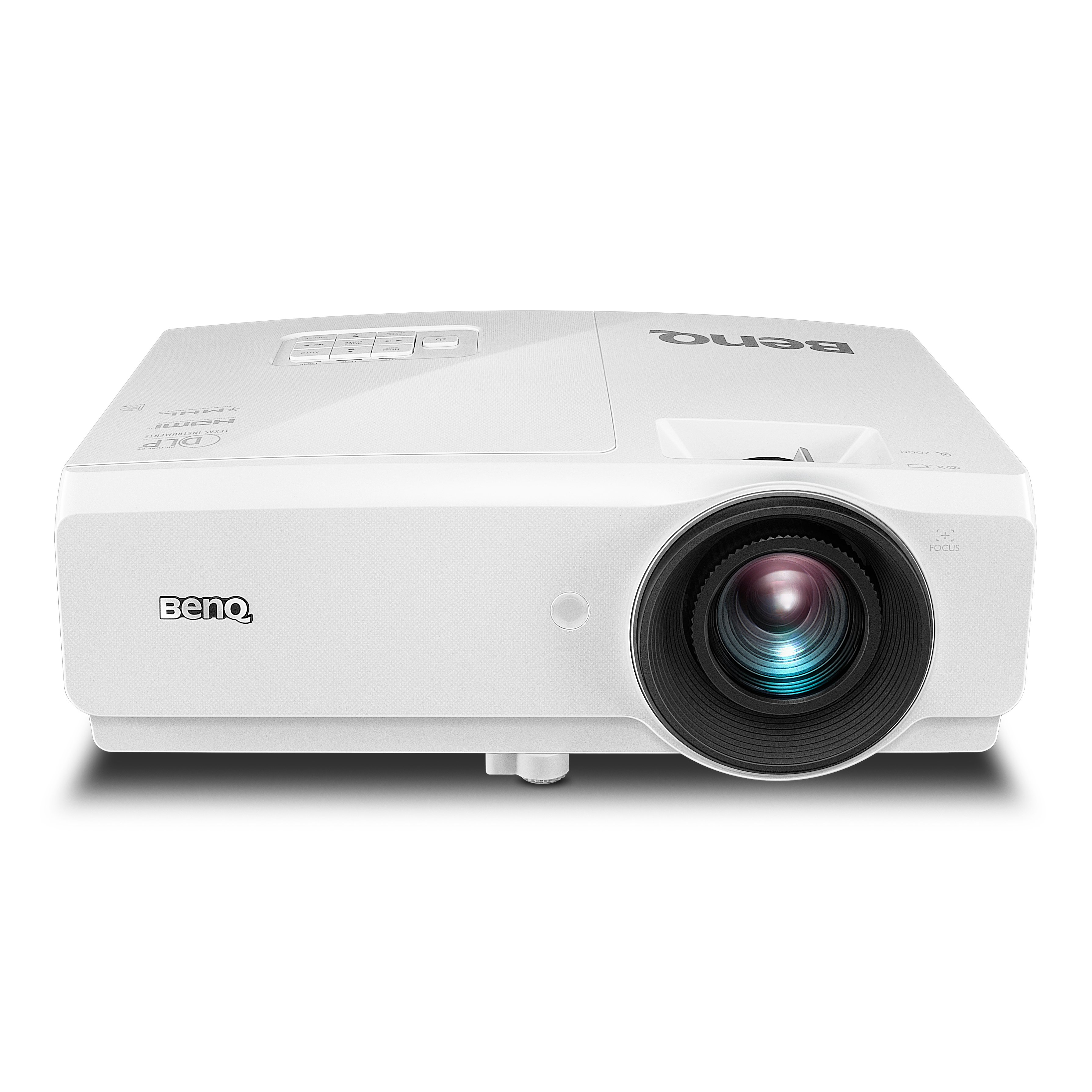 Proiettore BenQ bianco su superficie bianca, vista frontale.