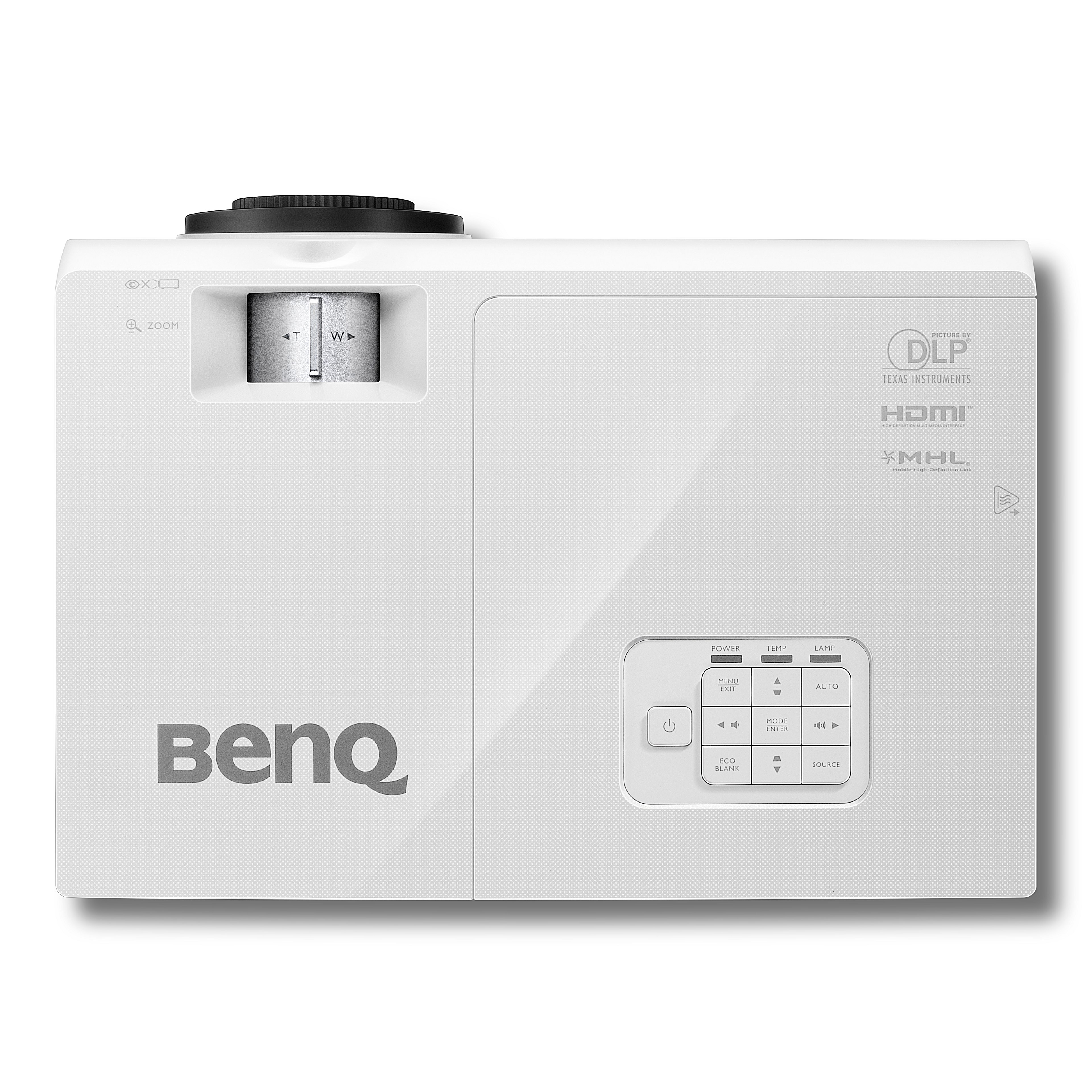 Un proiettore BenQ bianco con pulsanti di controllo, un obiettivo e un logo Texas Instruments.
