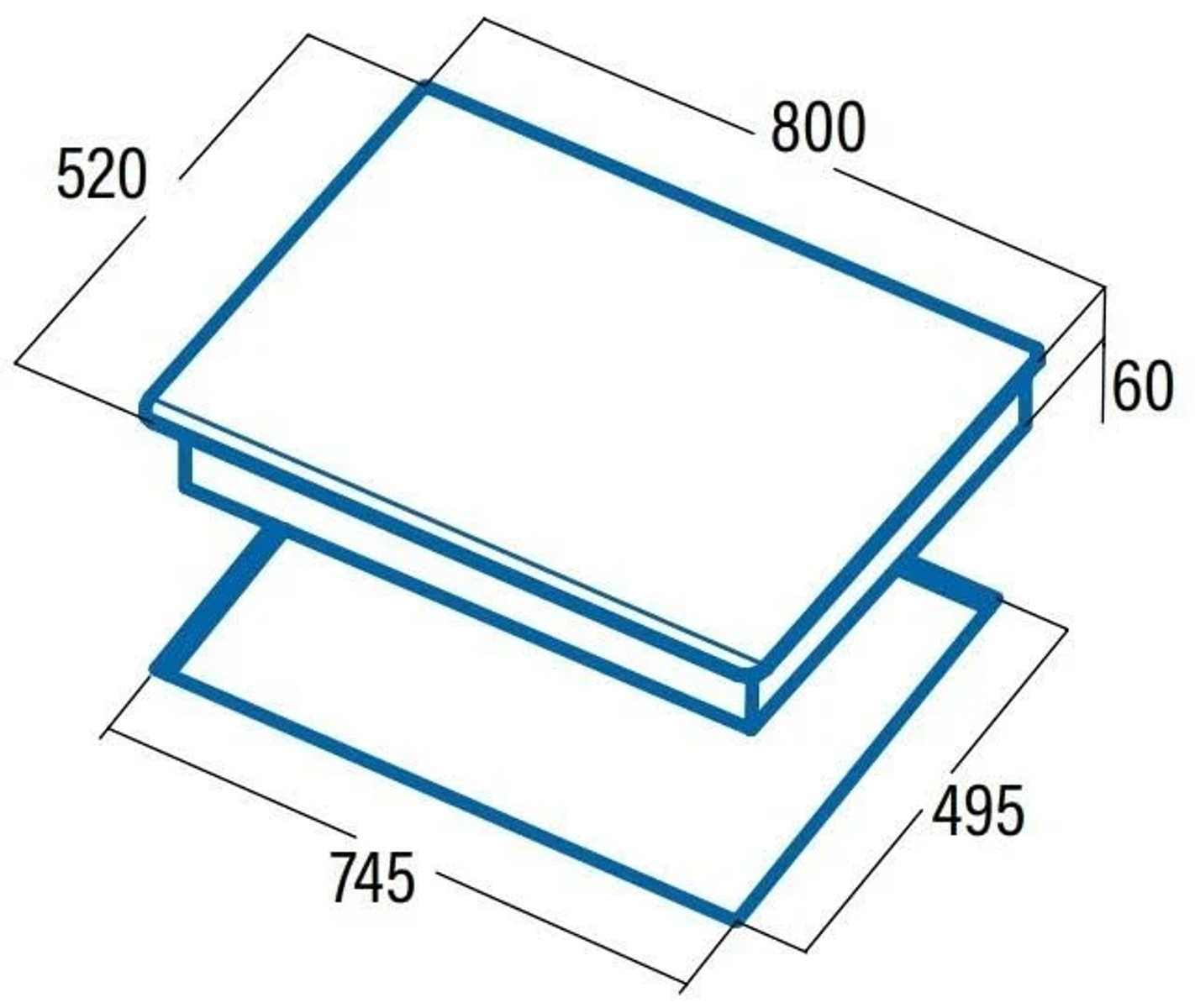 Widok izometryczny prostokątnej płyty grzejnej z wymiarami w mm.