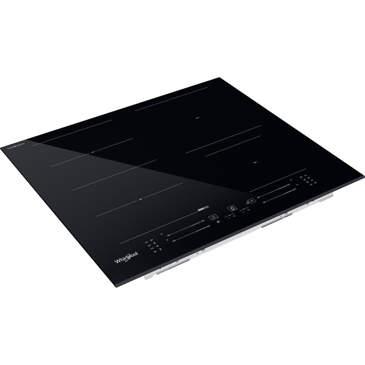 Een zwart Whirlpool inductiekooktoestel. Het heeft verschillende kookzones en touch-bediening aan de voorkant.