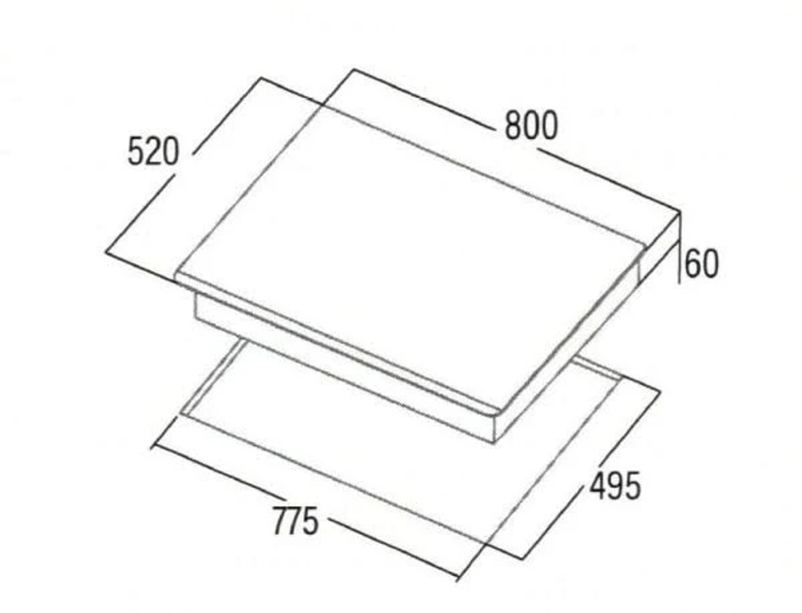 Rysunek izometryczny płyty grzewczej z wymiarami: 800x495x60mm.
