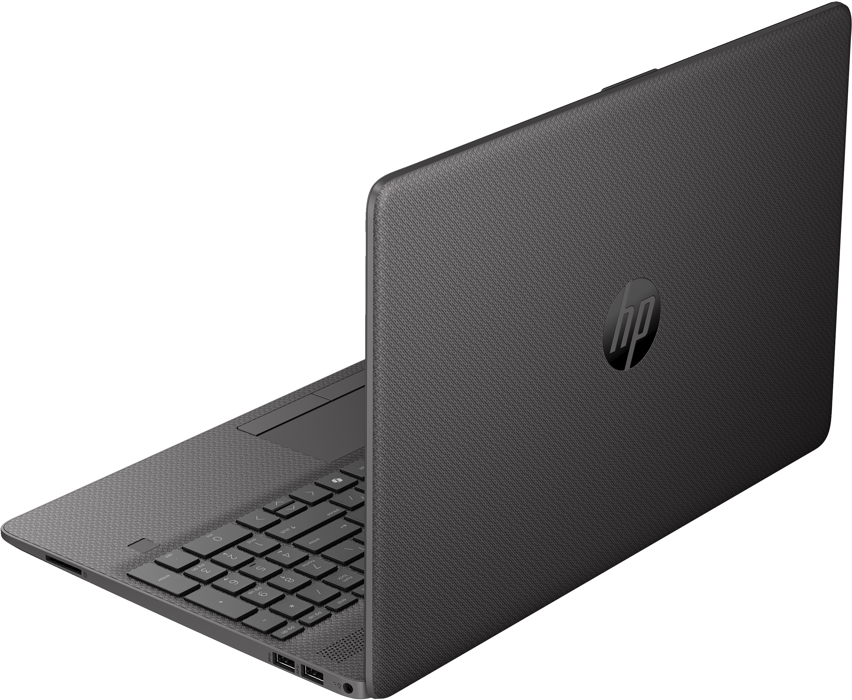 Un laptop HP grigio scuro, parzialmente aperto. Il logo HP è sul retro. Tastiera visibile.