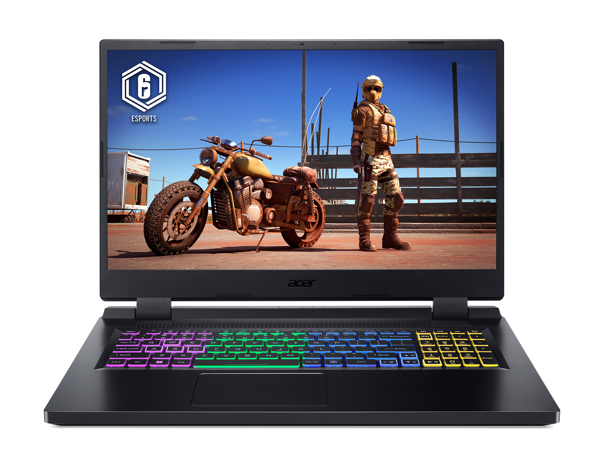 Schwarzer Laptop mit einem Spiel auf dem Bildschirm, ein Motorrad und ein Soldat.