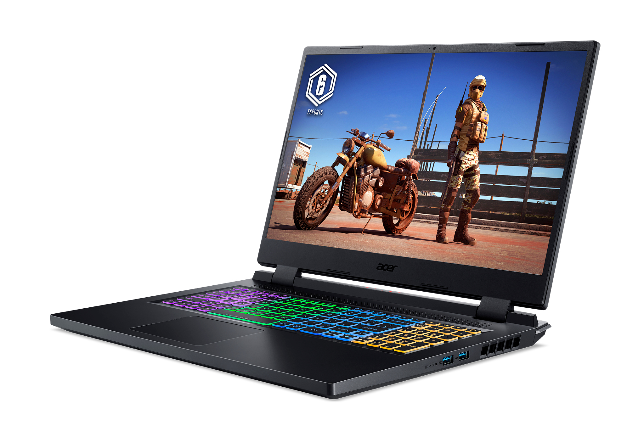 Schwarzer Laptop mit bunter Tastatur und Spielszene auf dem Bildschirm.