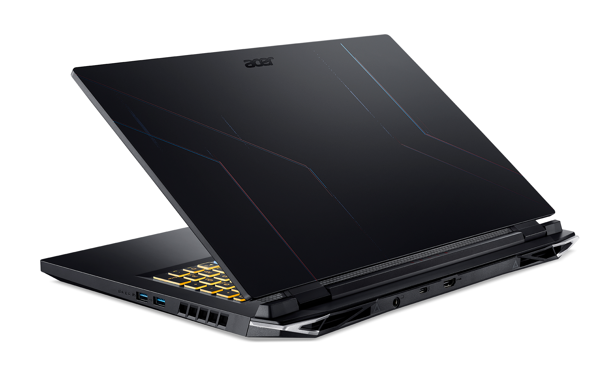 Ein schwarzer Acer-Laptop, in einem Winkel geöffnet, zeigt die Rückseite mit Designlinien und die Tastatur, weißer Hintergrund.