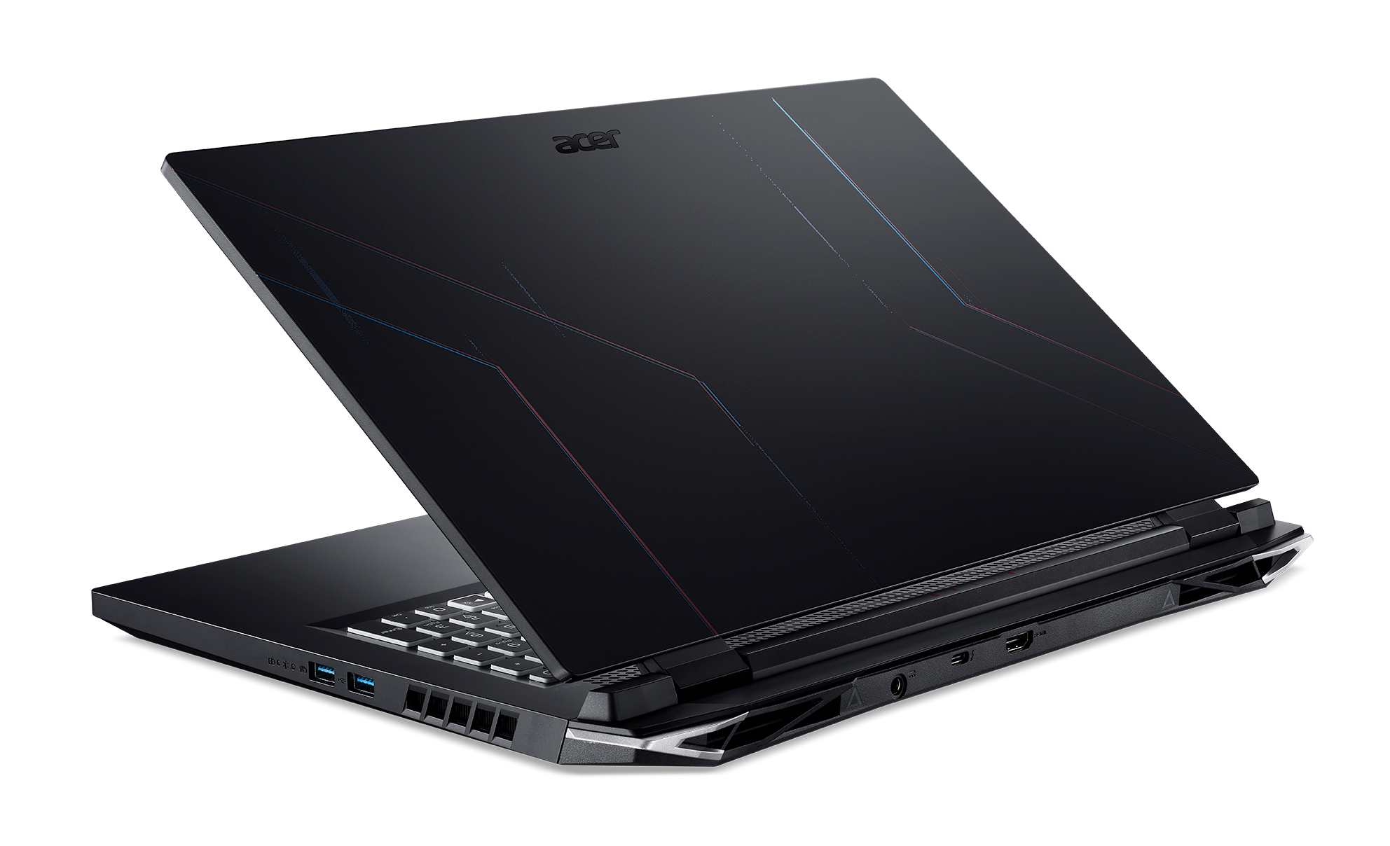 Ein schwarzer Laptop mit teilweise geöffnetem Deckel, Tastatur sichtbar, Acer-Logo oben.