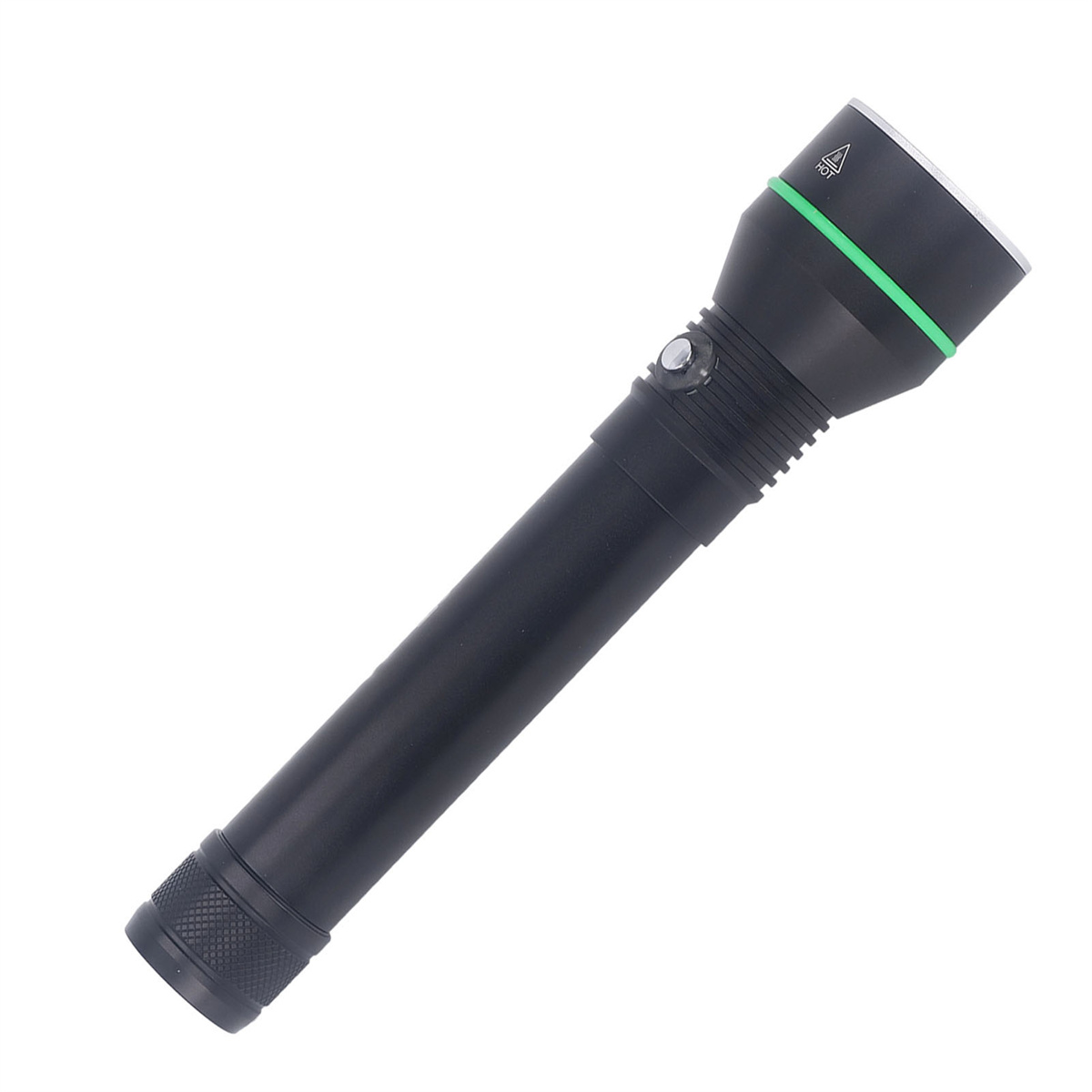 Eine schwarze Taschenlampe wird auf weißem Hintergrund gezeigt. Sie ist zylindrisch mit einem strukturierten Griff und einem grünen Ring.