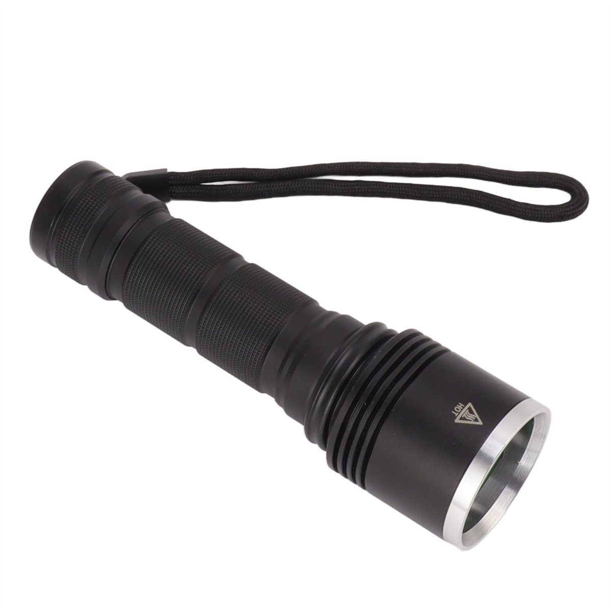 Schwarze Taschenlampe mit Handschlaufe. Das Licht hat ein metallisch-silbernes Ende.