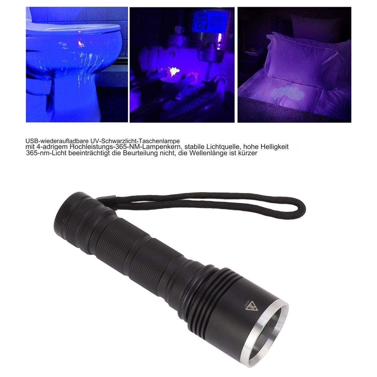 Schwarze Taschenlampe mit UV-Licht-Anwendungsbeispielen. Bilder umfassen Toilette, eine Maschine und ein Kissen.