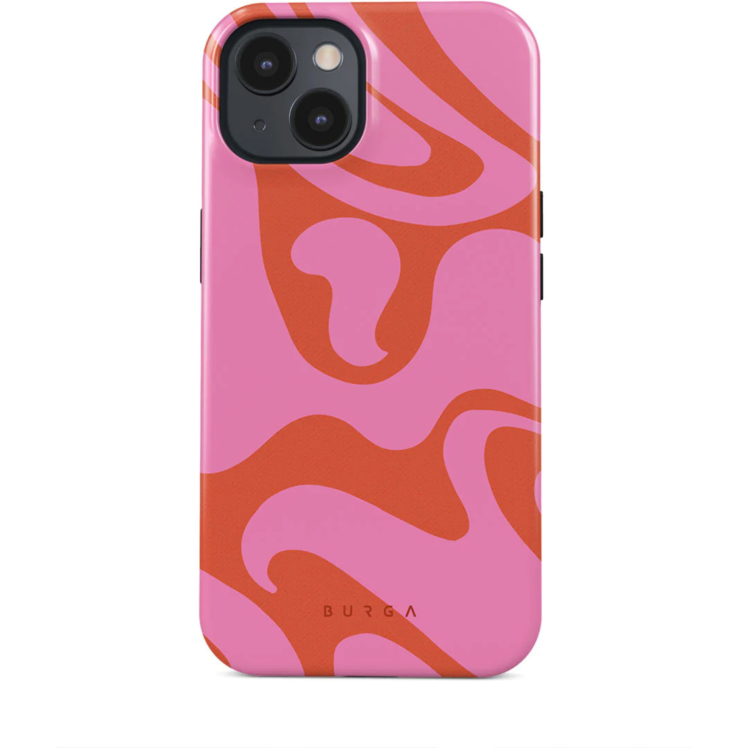 Roze telefoonhoesje met oranje golfpatroon, met de merknaam 'BURGA'.