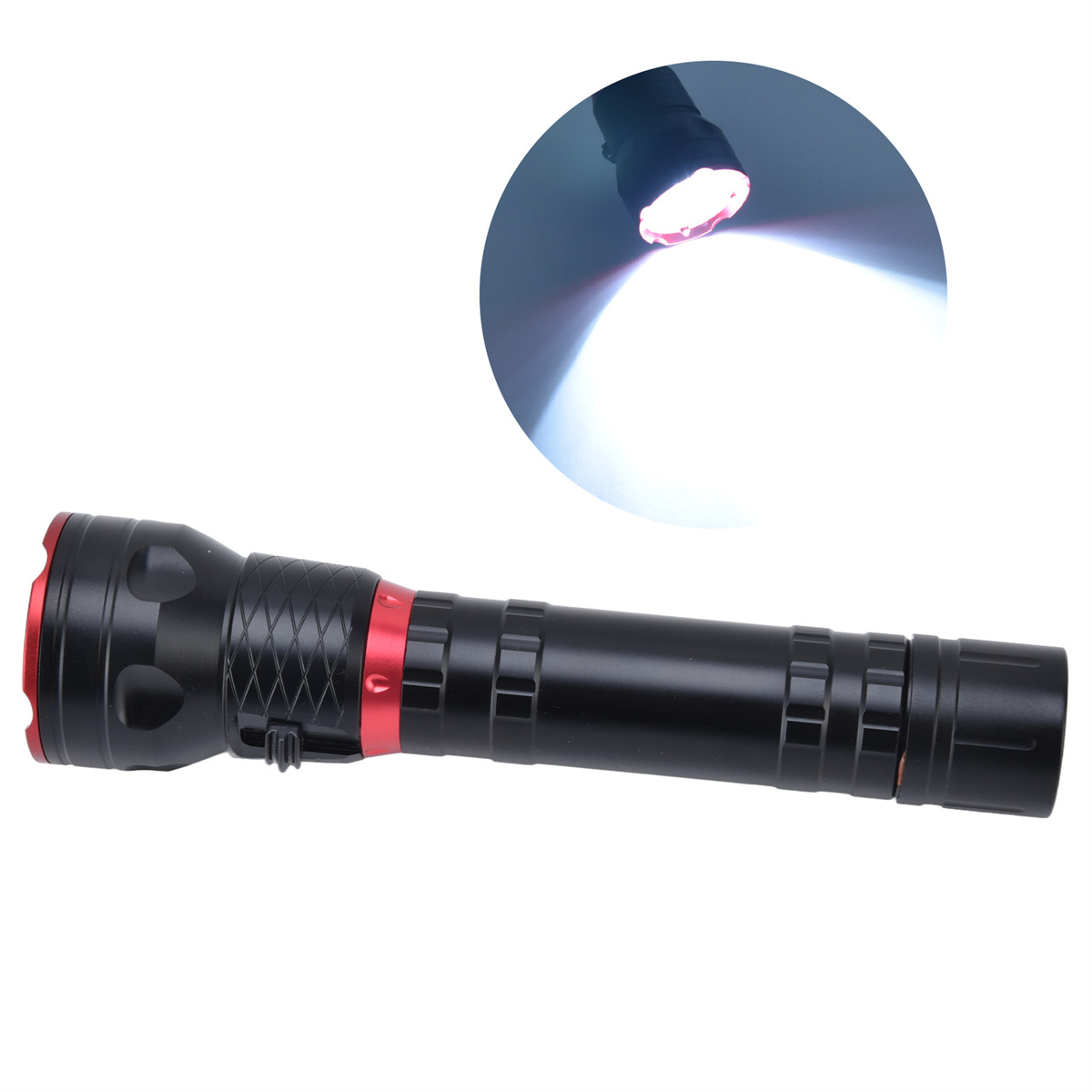 Schwarze Taschenlampe mit roten Details und eine Lichtstrahl-Illustration.