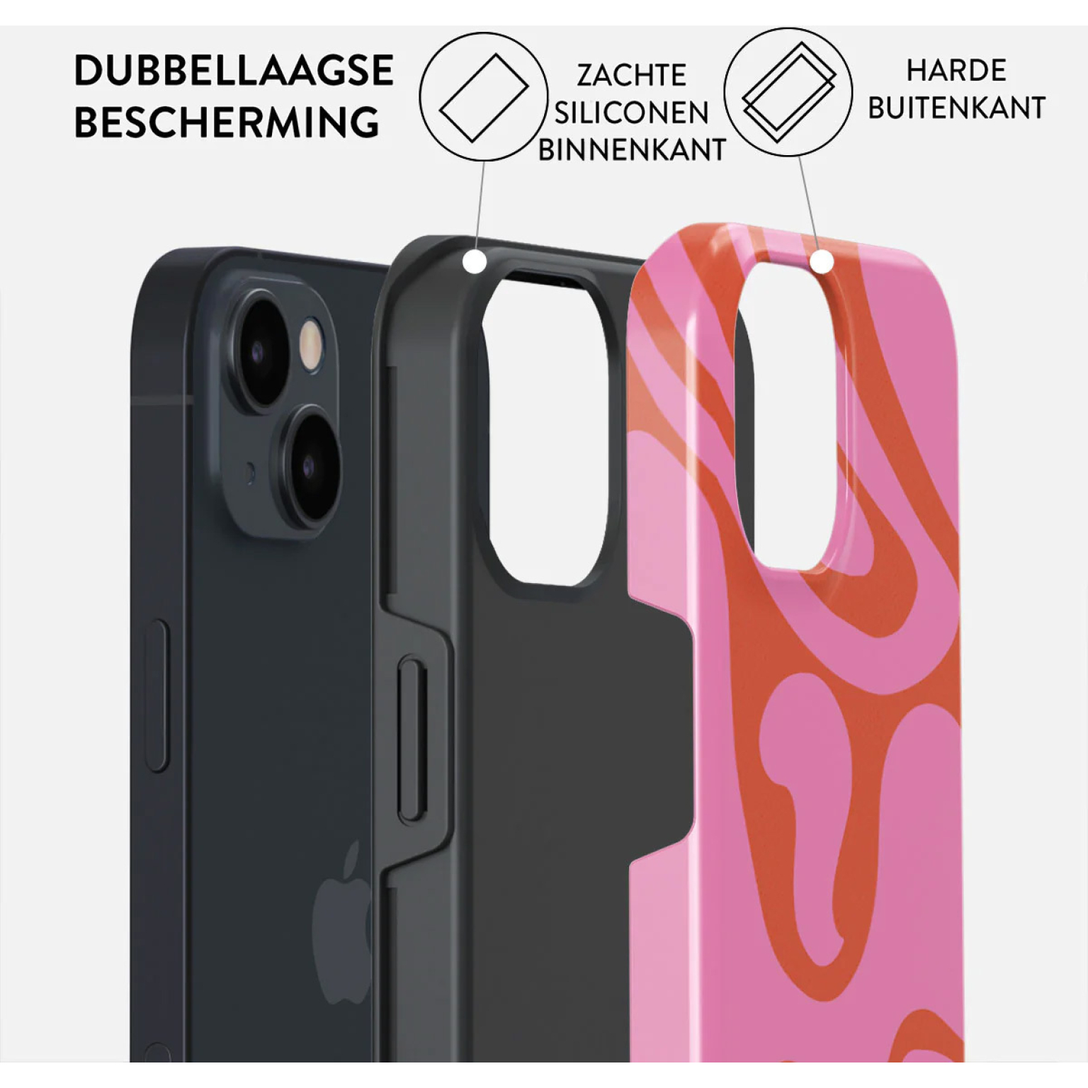 Telefoonhoeslagen: zwarte telefoon, zwart binnenframe, roze patroon buitenhoes.