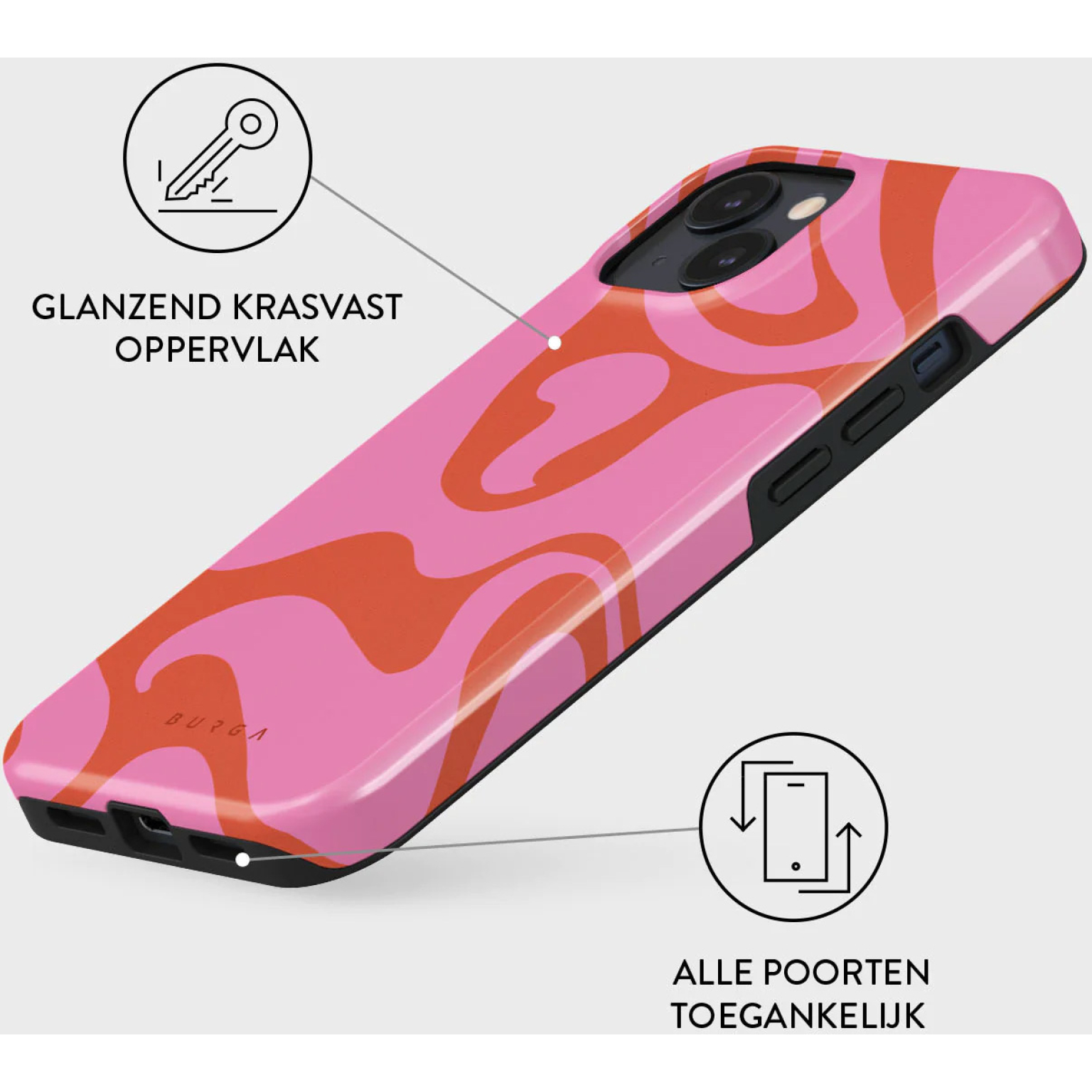 Roze en oranje telefoonhoes. Tekst: Glanzend Krasvast Oppervlak, Alle Poorten Toegankelijk.