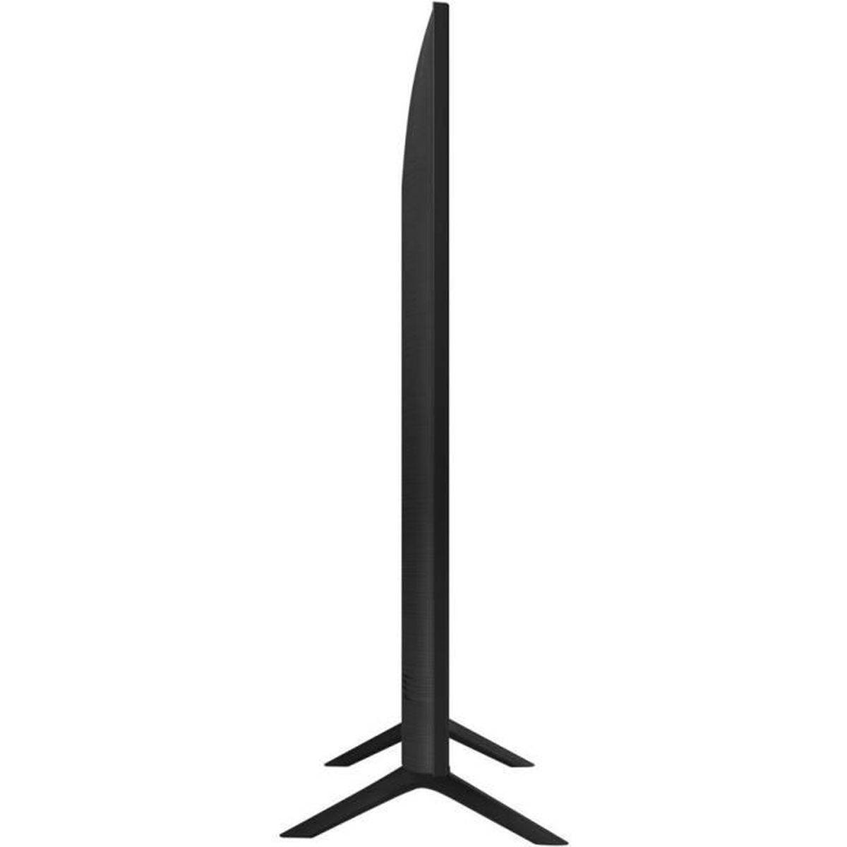 Czarny ekran telewizora na stojaku, widok z boku. Ekran jest cienki i ma elegancki design.