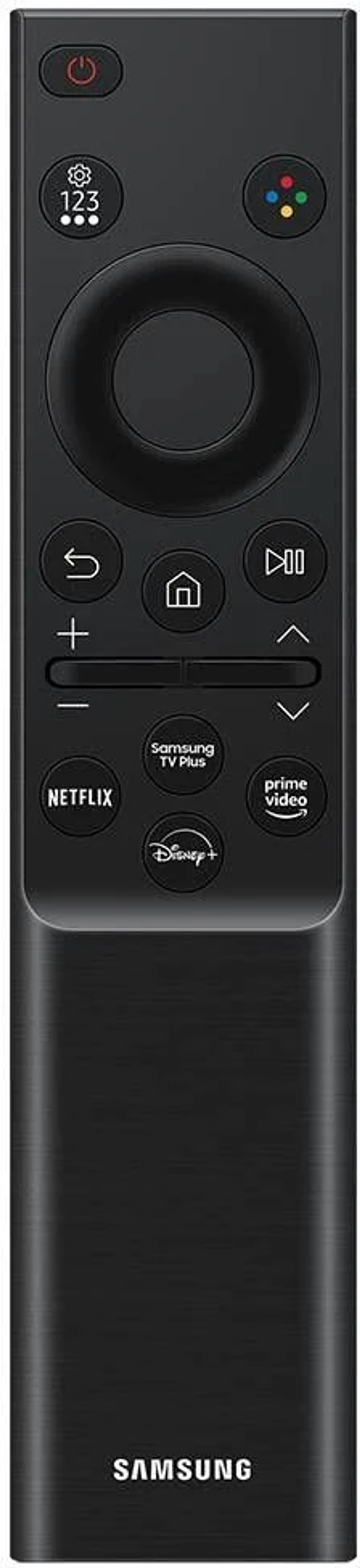 Czarny pilot do telewizora Samsung z wieloma przyciskami, na białym tle.