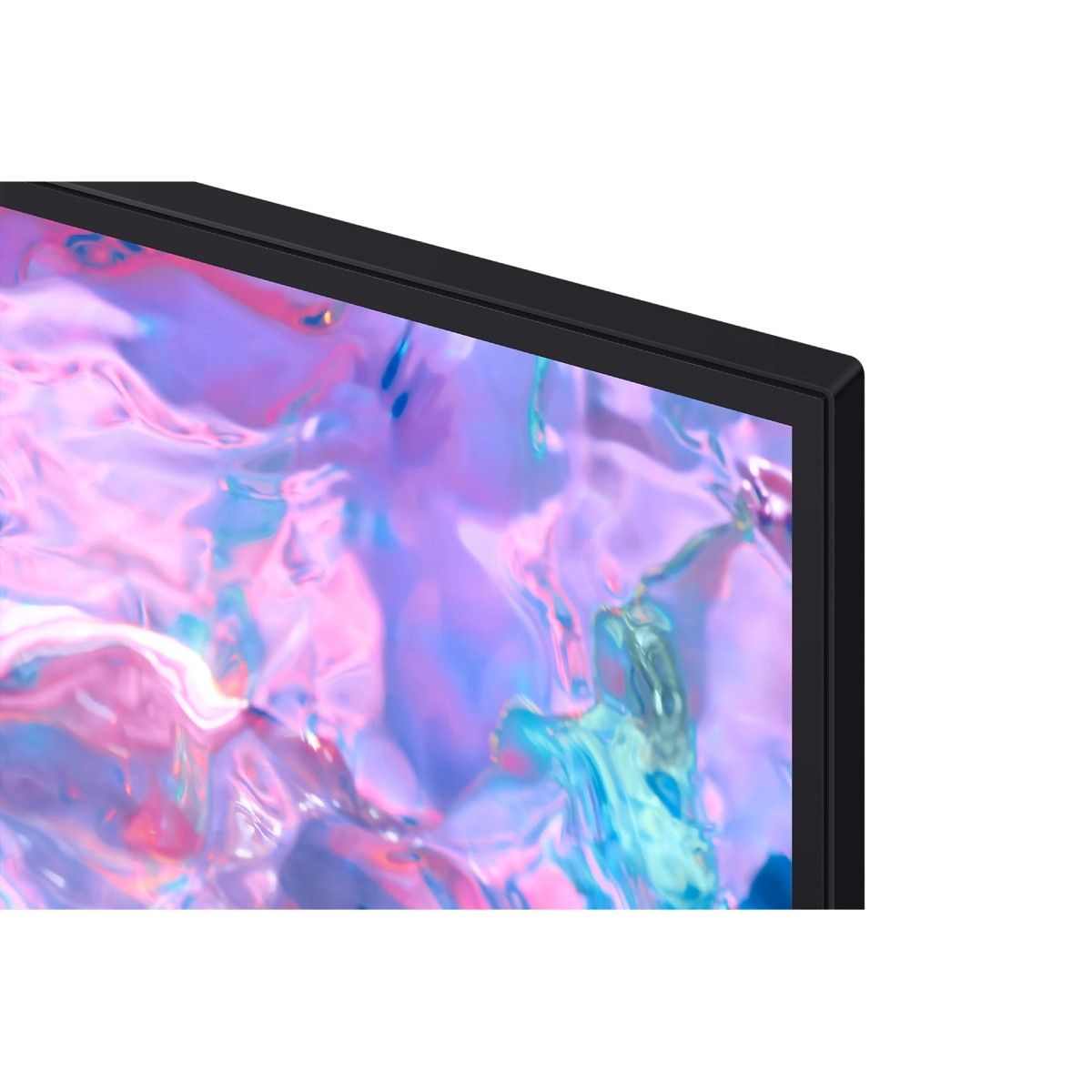 Zbliżenie ekranu telewizora i ramki. Ekran wyświetla niebieski i fioletowy kolor.