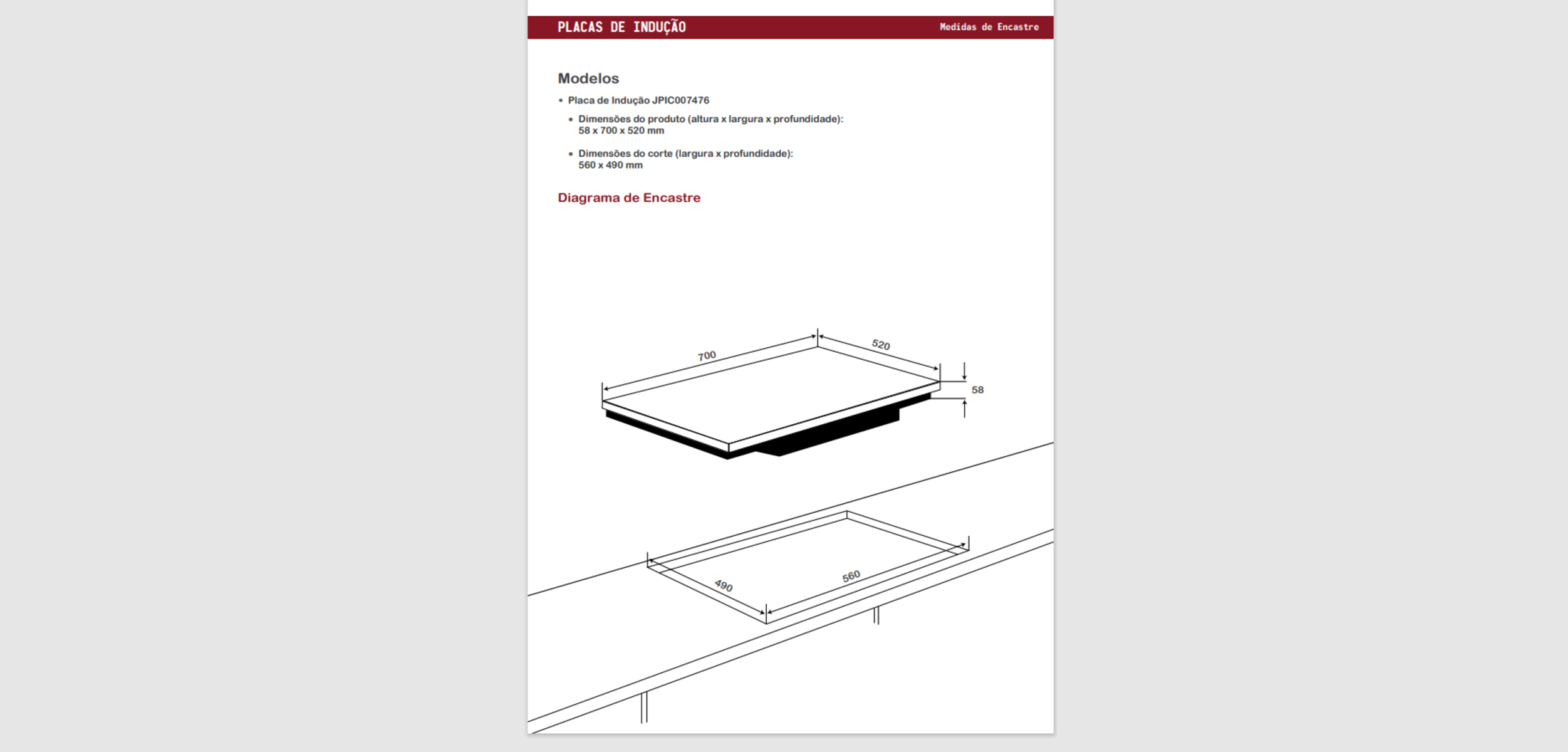 Diagrama con dimensiones del producto e instrucciones de instalación para un electrodoméstico de cocina.