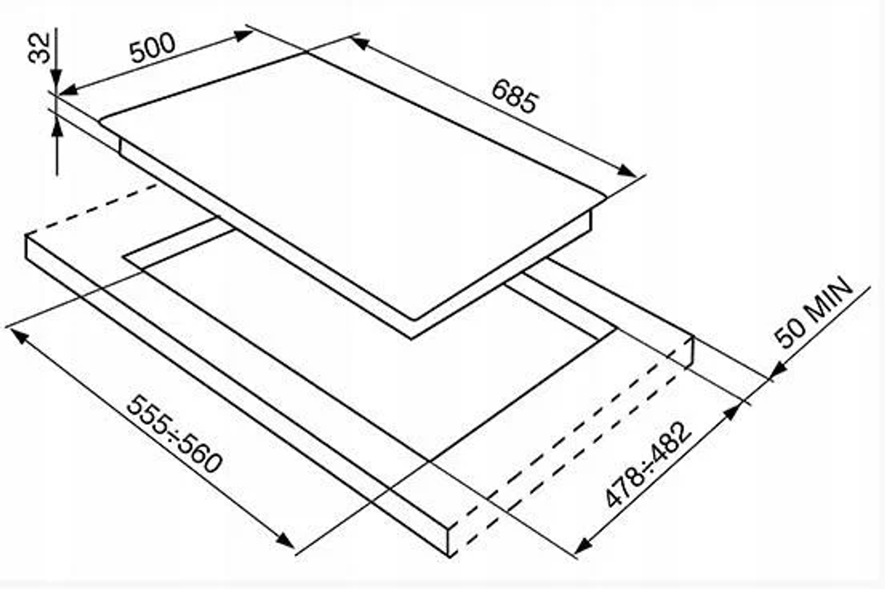 Un diagramma schematico di un piano cottura, che mostra dimensioni e misure.