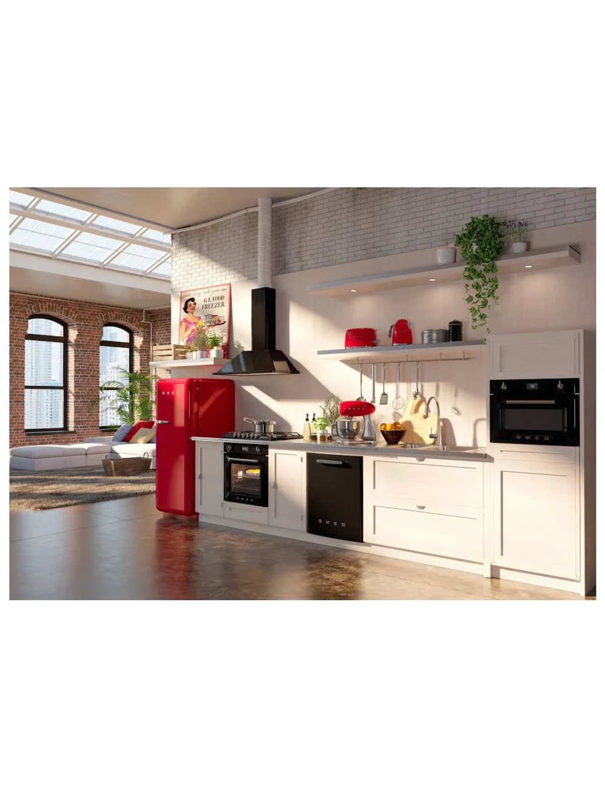 Cucina con frigorifero rosso, forno nero e mobili bianchi, con parete in mattoni e piante sospese.