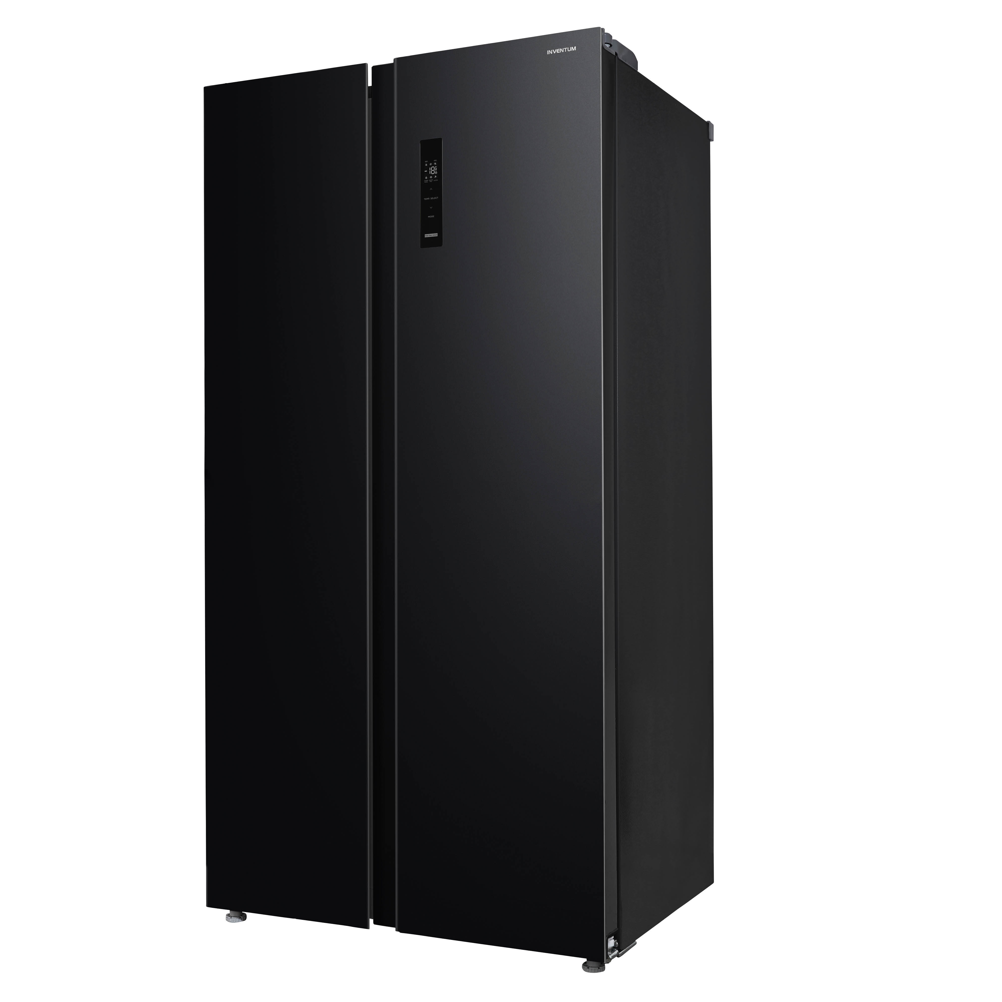 Black side-by-side refrigerator with a digital display on a white background.
