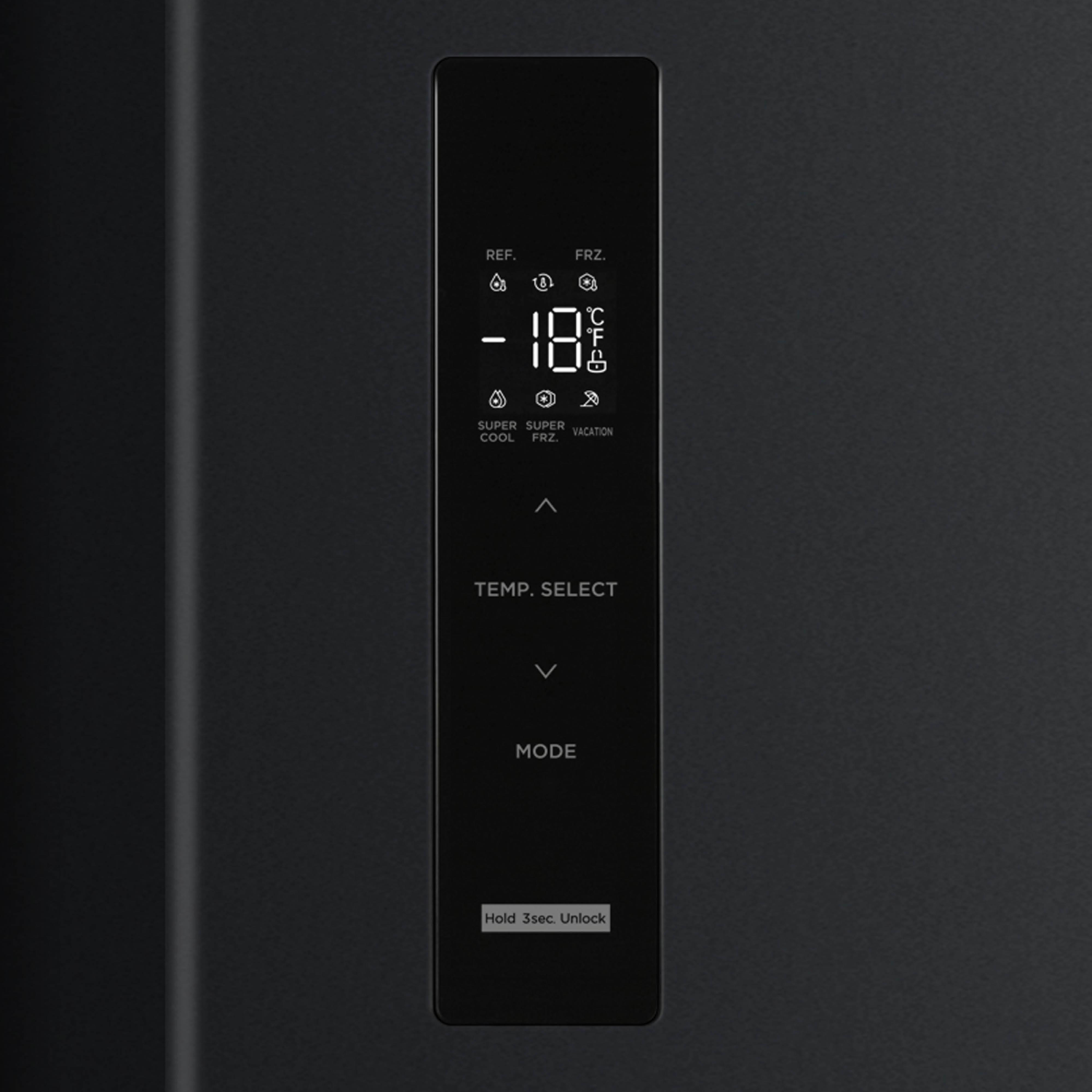 Black refrigerator control panel with a digital display. Showing -18°C, with buttons.