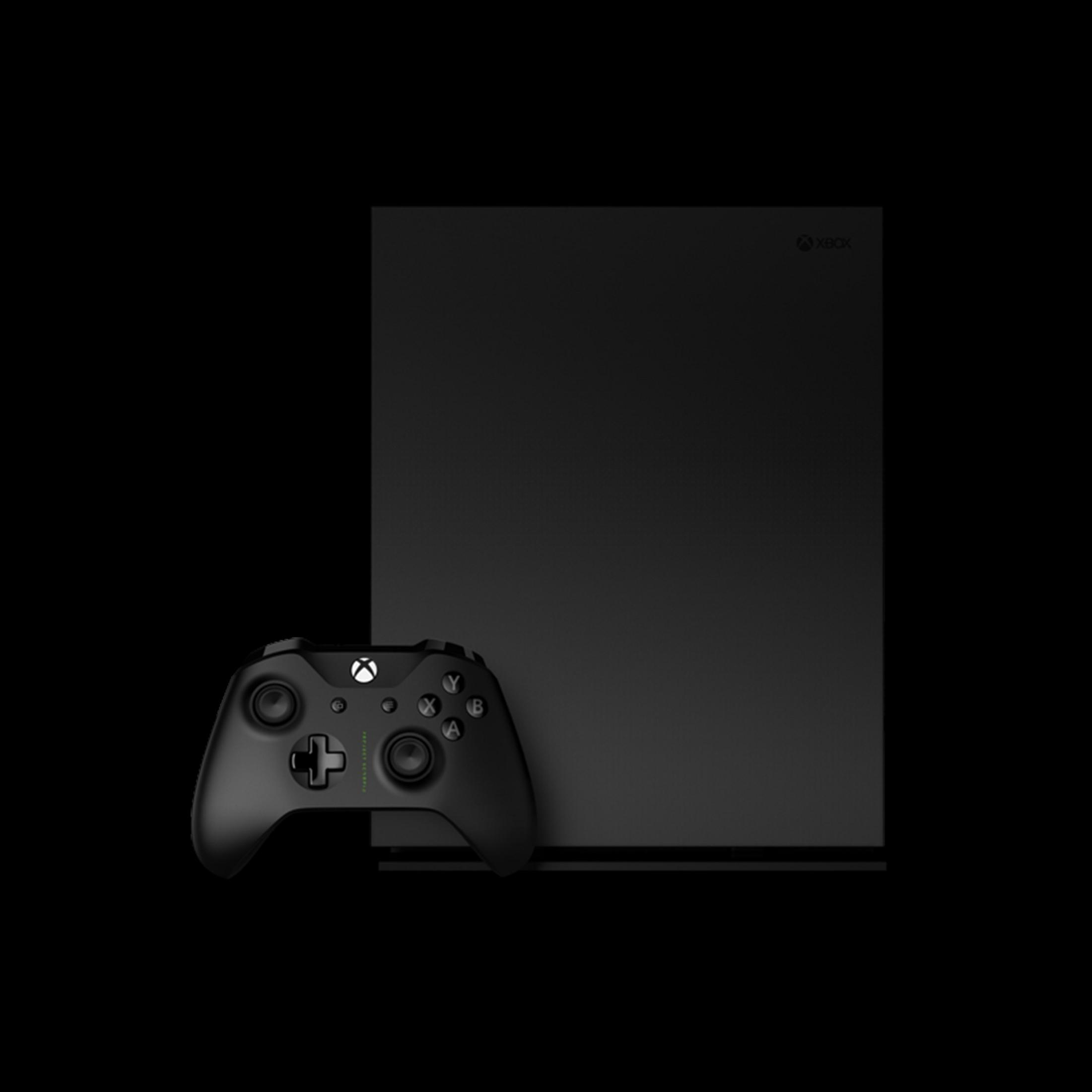 Console et manette Xbox noires. La manette est au premier plan. Le fond est noir.