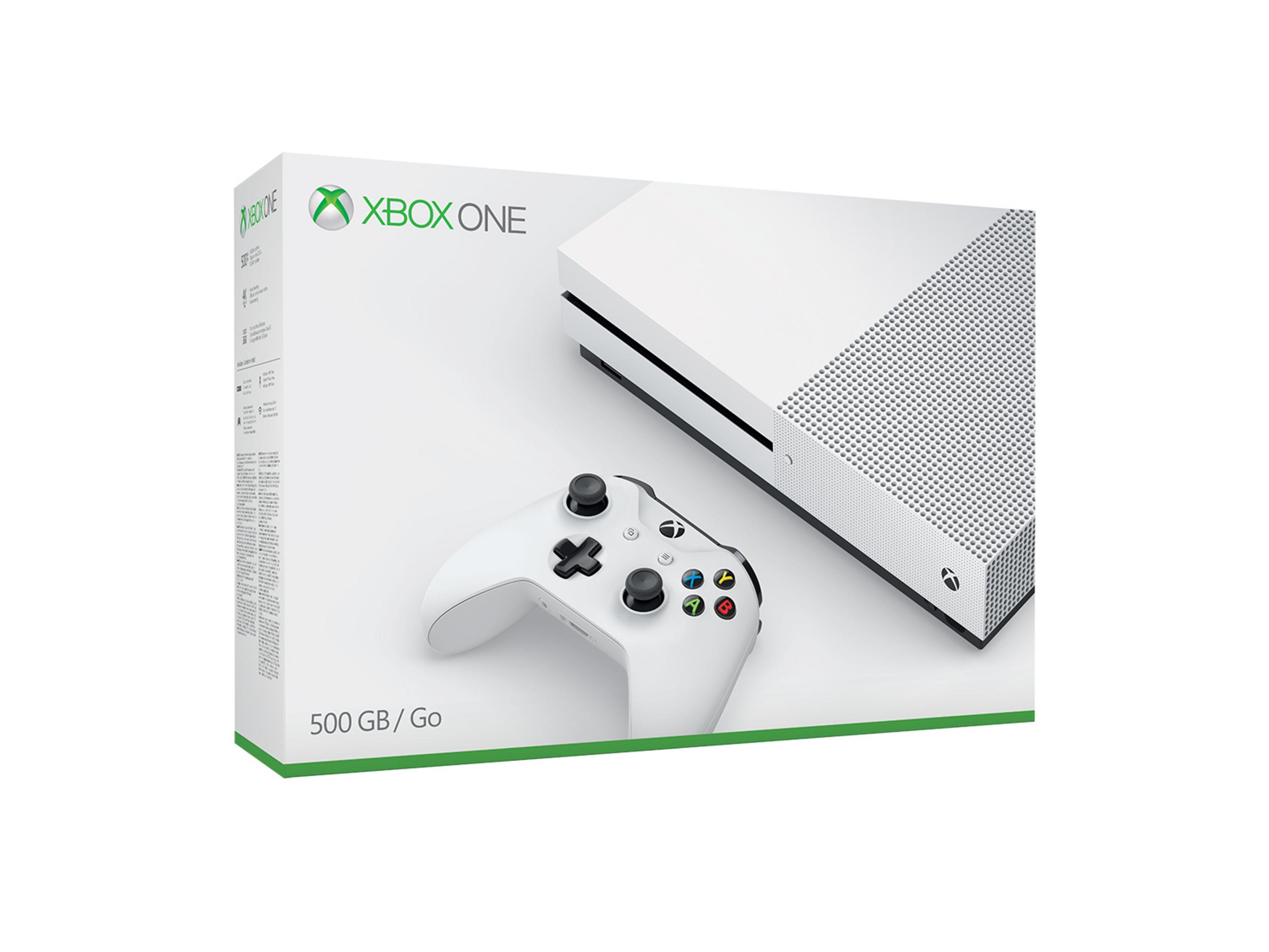 Xbox One Box-Set. Enthält Konsole, Controller und Zubehör. Weißes und grünes Farbschema.