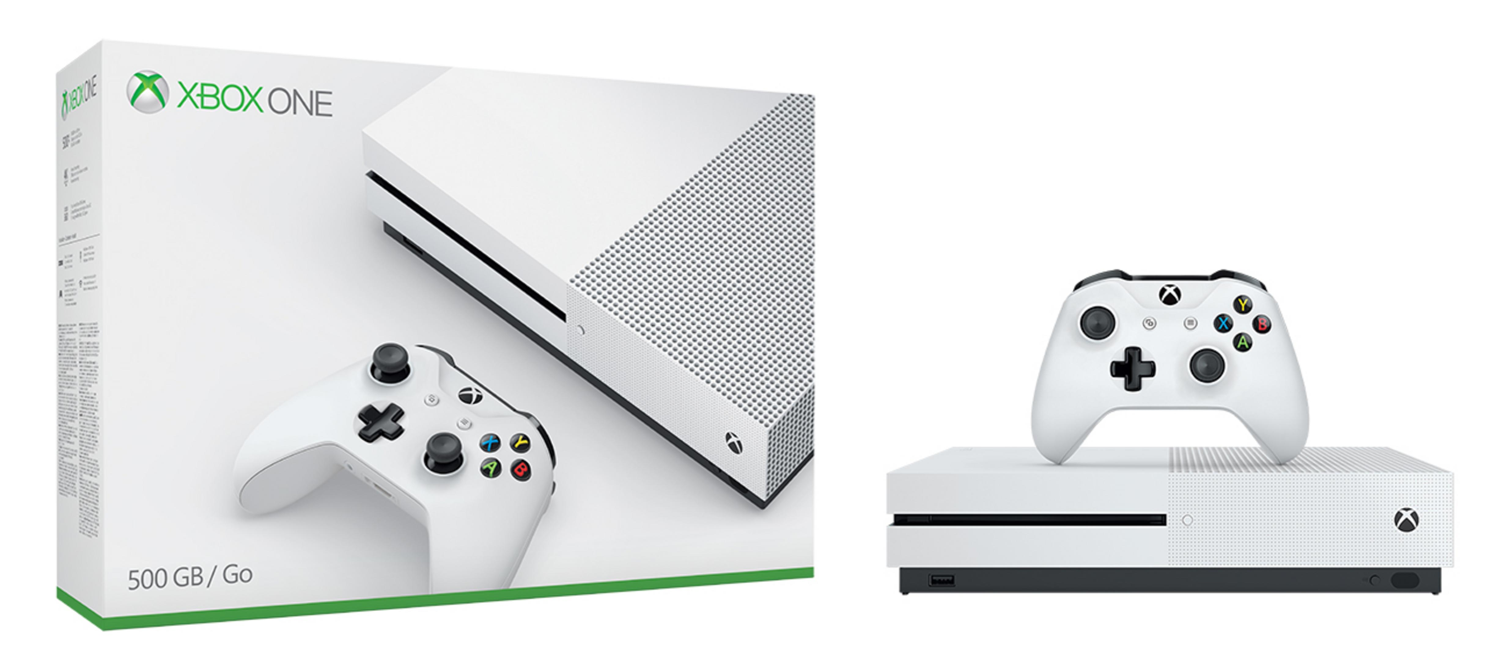 Xbox One Konsole und Controller, beide weiß, mit Box links.