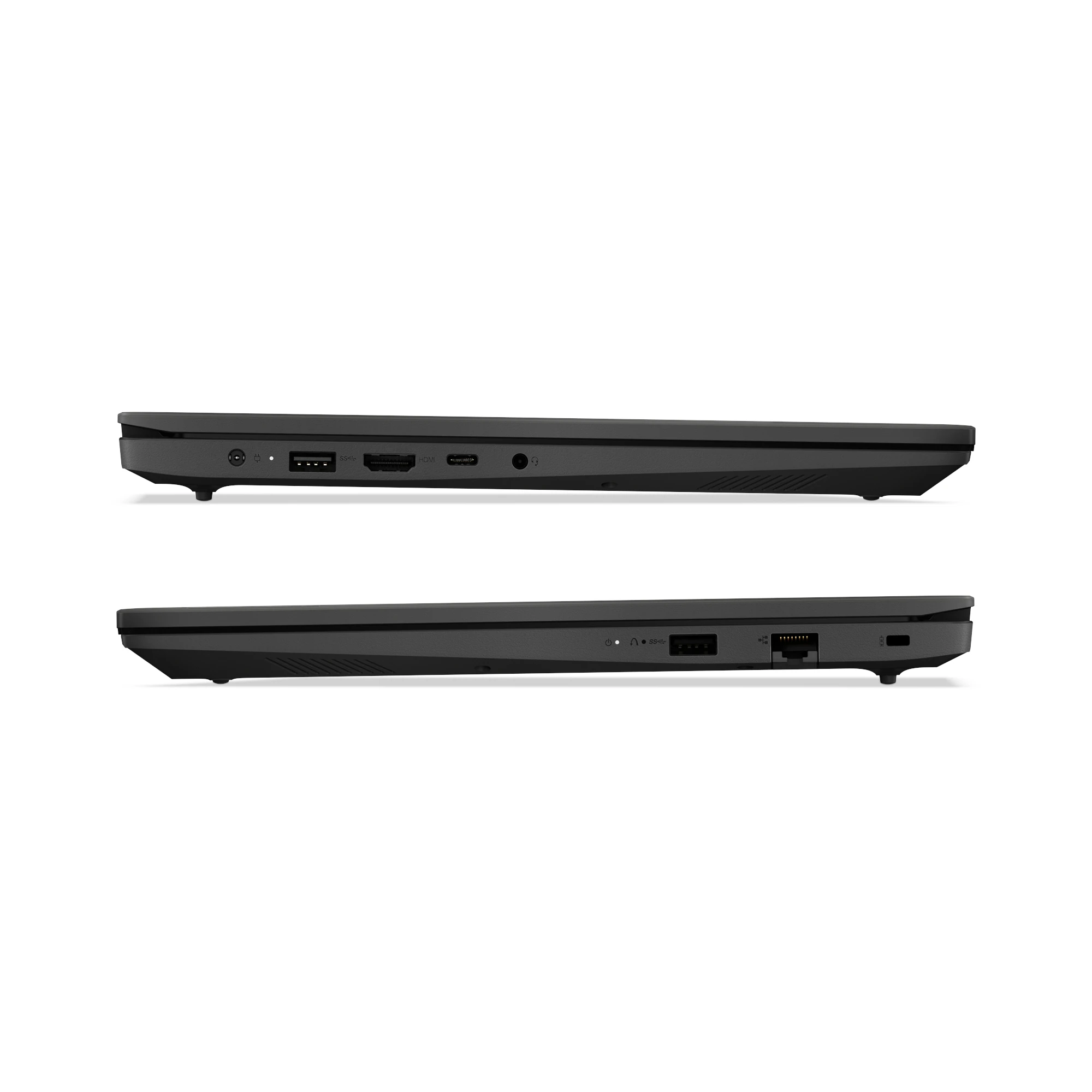 Zwei schwarze Laptops mit sichtbaren Anschlüssen an der Seite, Seitenansicht.