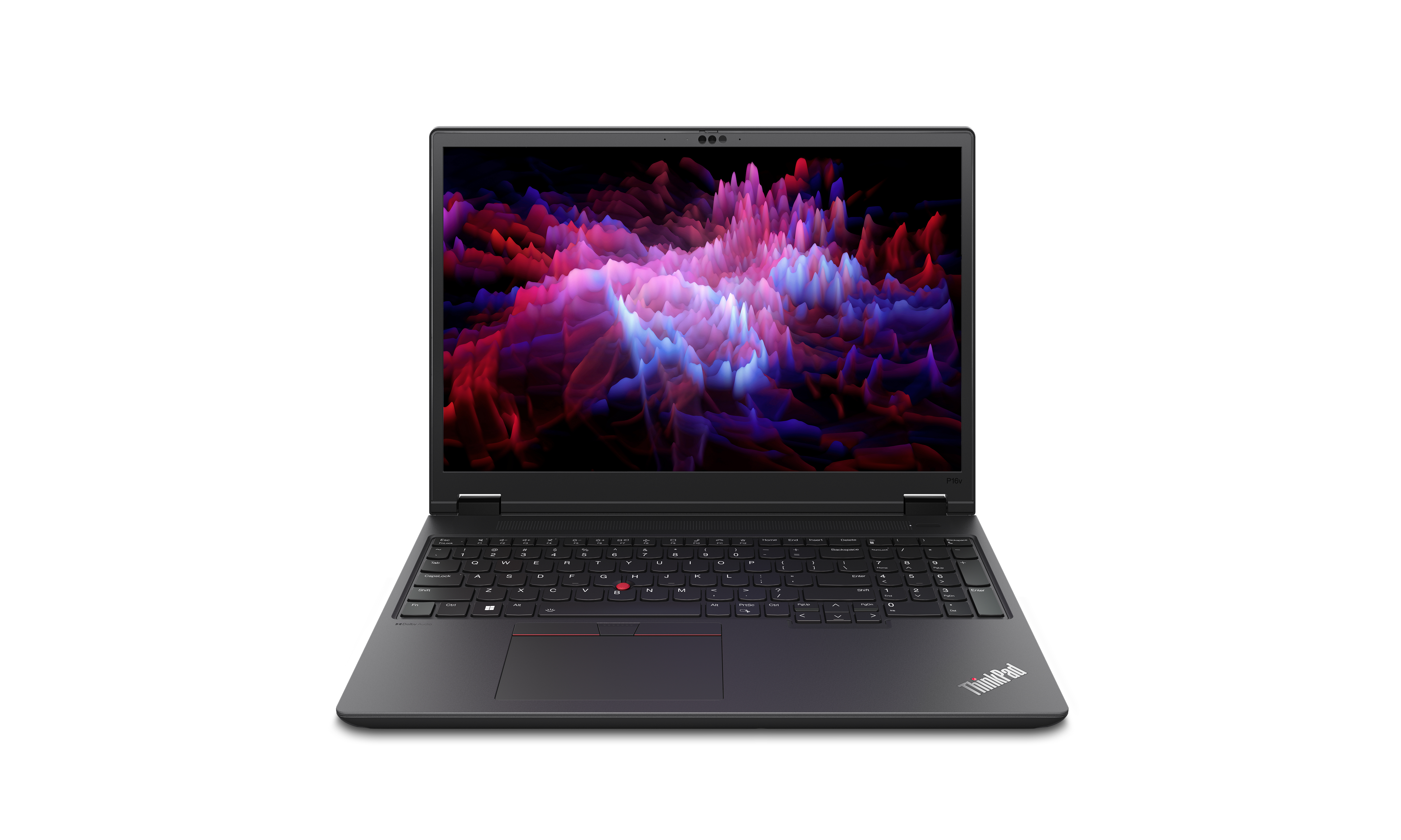 Laptop ThinkPad nero aperto su una superficie bianca. Lo schermo mostra un design astratto colorato.
