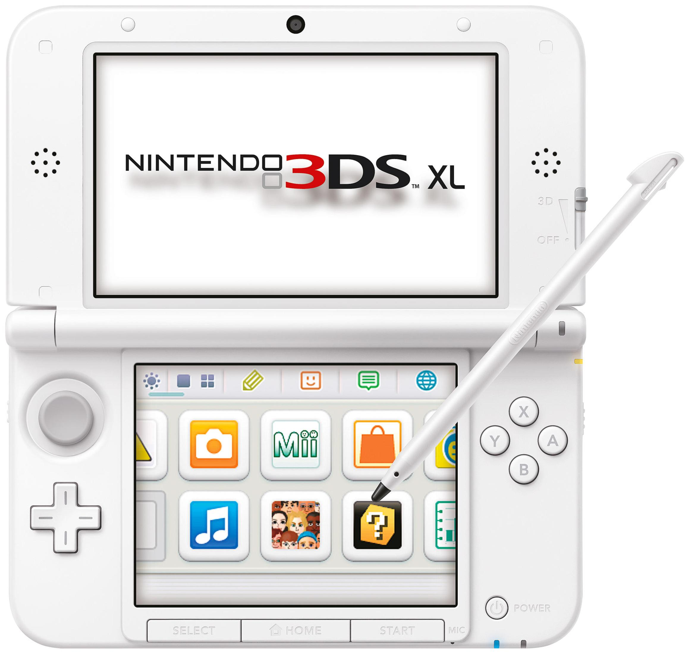 Weiße Nintendo 3DS XL-Konsole mit Stift und Spielsymbolen auf dem Bildschirm.